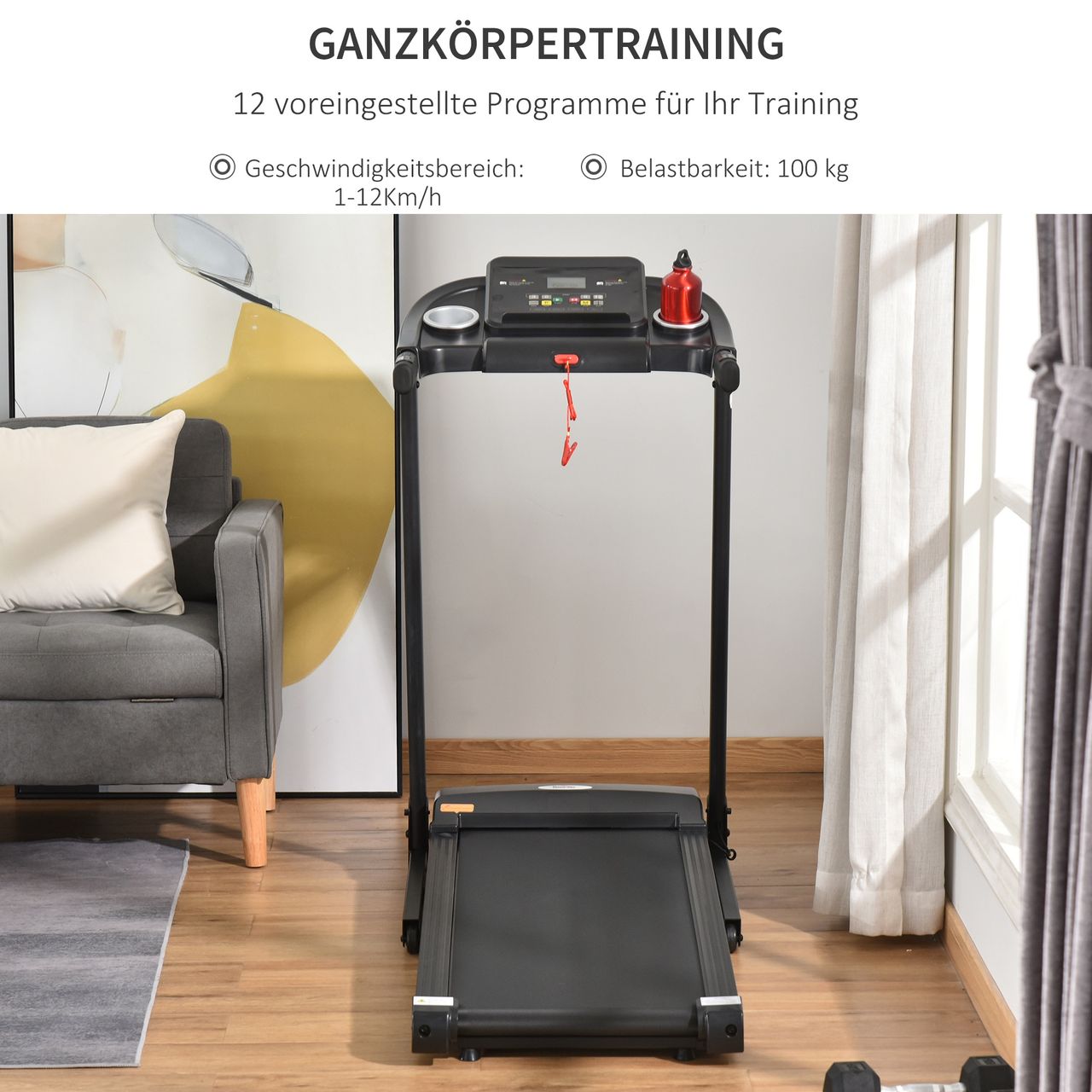 HOMCOM Laufband Klappbar elektrisch 500 W 1-12 km/h LED-Display Schwarz 134 x 60 x 118 cm