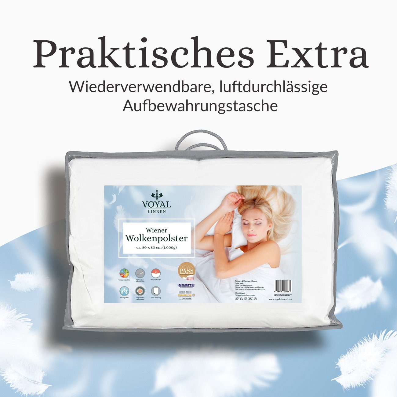 Daunenkissen Wiener Wolkenpolster 80x80cm in zwei Füllstärken, VOYAL LINNEN, Füllung: 70% Federn / 30% Daunen, kuschliges Kopfkissen hergestellt in Deutschland, allergikerfreundlich