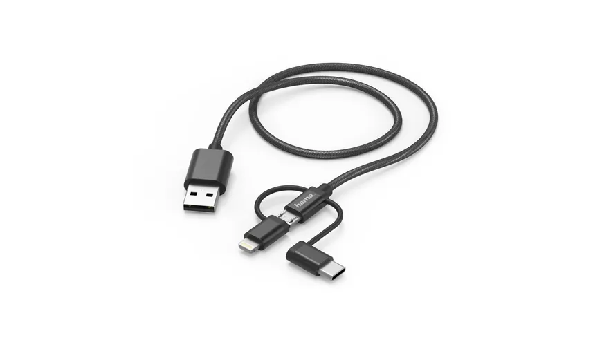 Hama 3in1-Micro-USB-Kabel mit Adapter auf USB-Type-C u. Lightning, 1,5m, Schwarz