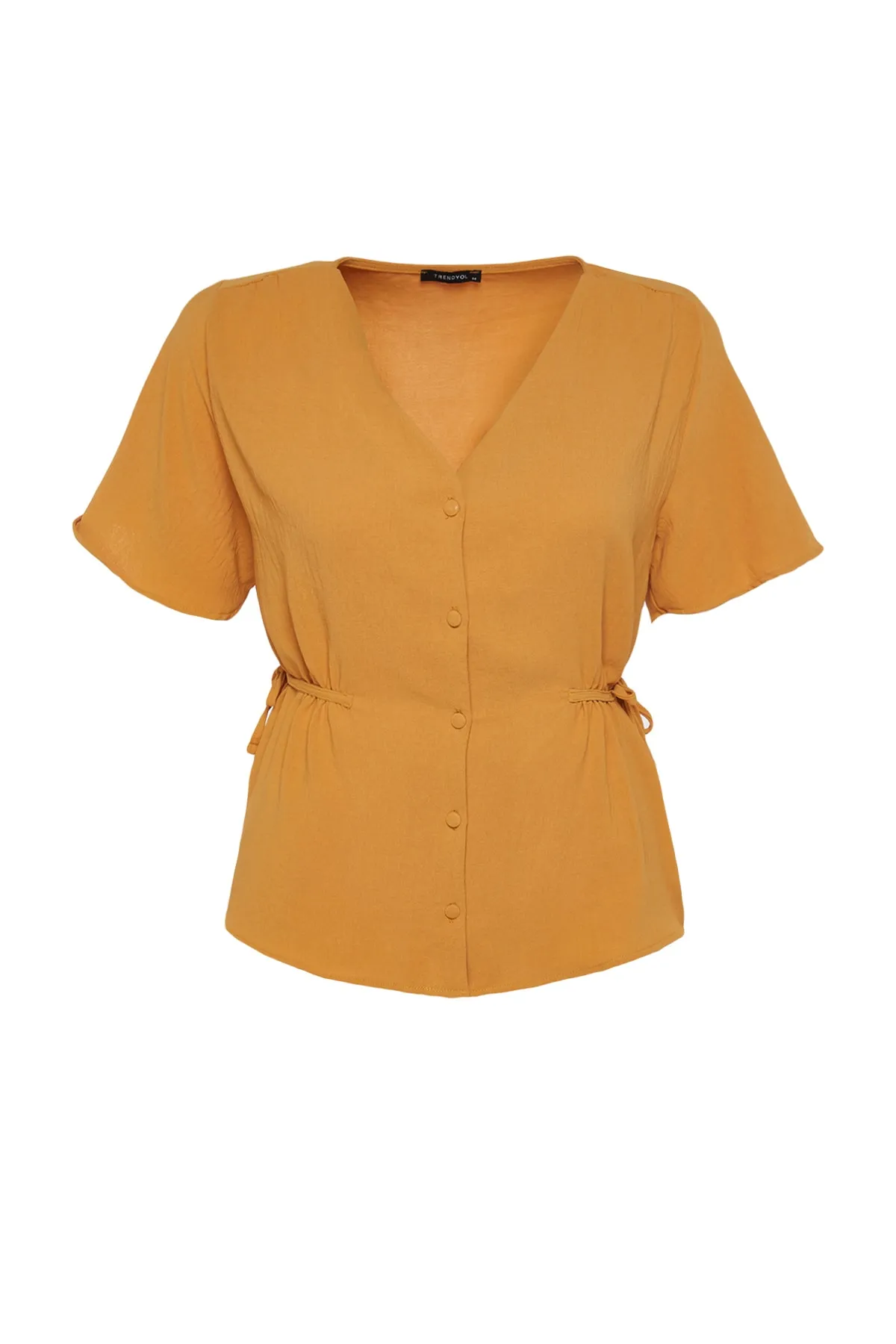 Trendyol Curve  Senffarbene, gewebte Bluse zum Binden mit V-Ausschnitt TBBSS22BZ0753