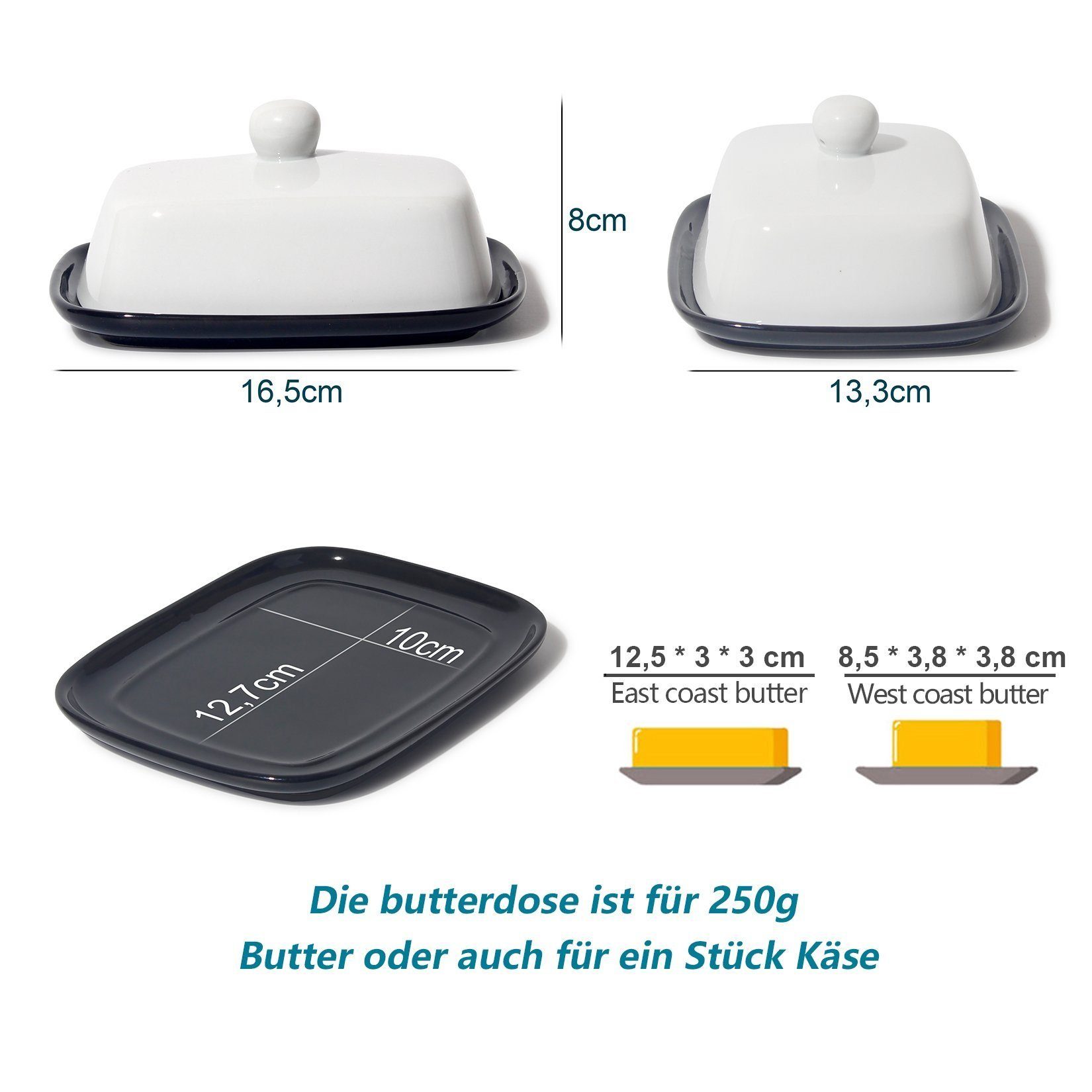 Zedelmaier Butterdose Butterdose aus Keramik,Butterschale Porzellan für Butter(250g), (Set, HYH003), Klimafreundlich, leicht zu reinigen und praktisch