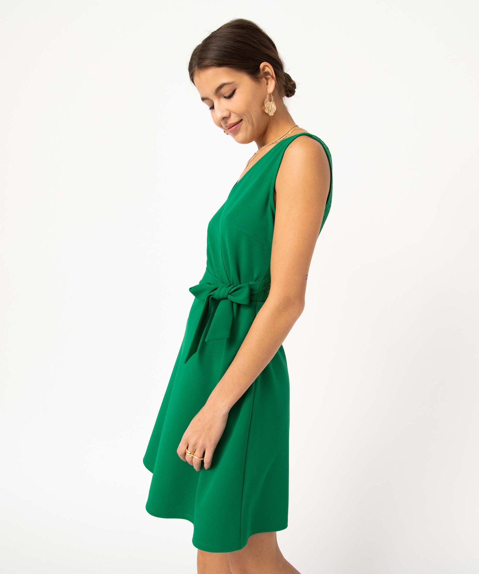 Robe femme avec décolleté cache-coeur et dos dentelle vert | GEMO