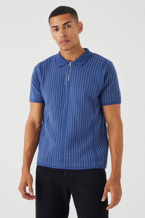 Gestreiftes Strick-Poloshirt mit halbem Reißverschluss