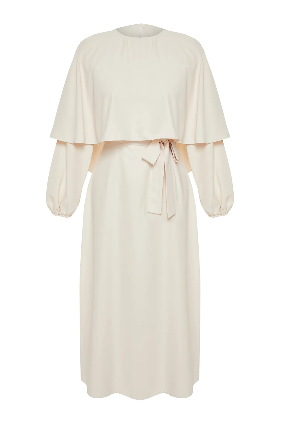 Trendyol Modest  Beiges Kleid aus Satingewebe mit Cape und Schärpe TCTSS24EB00176