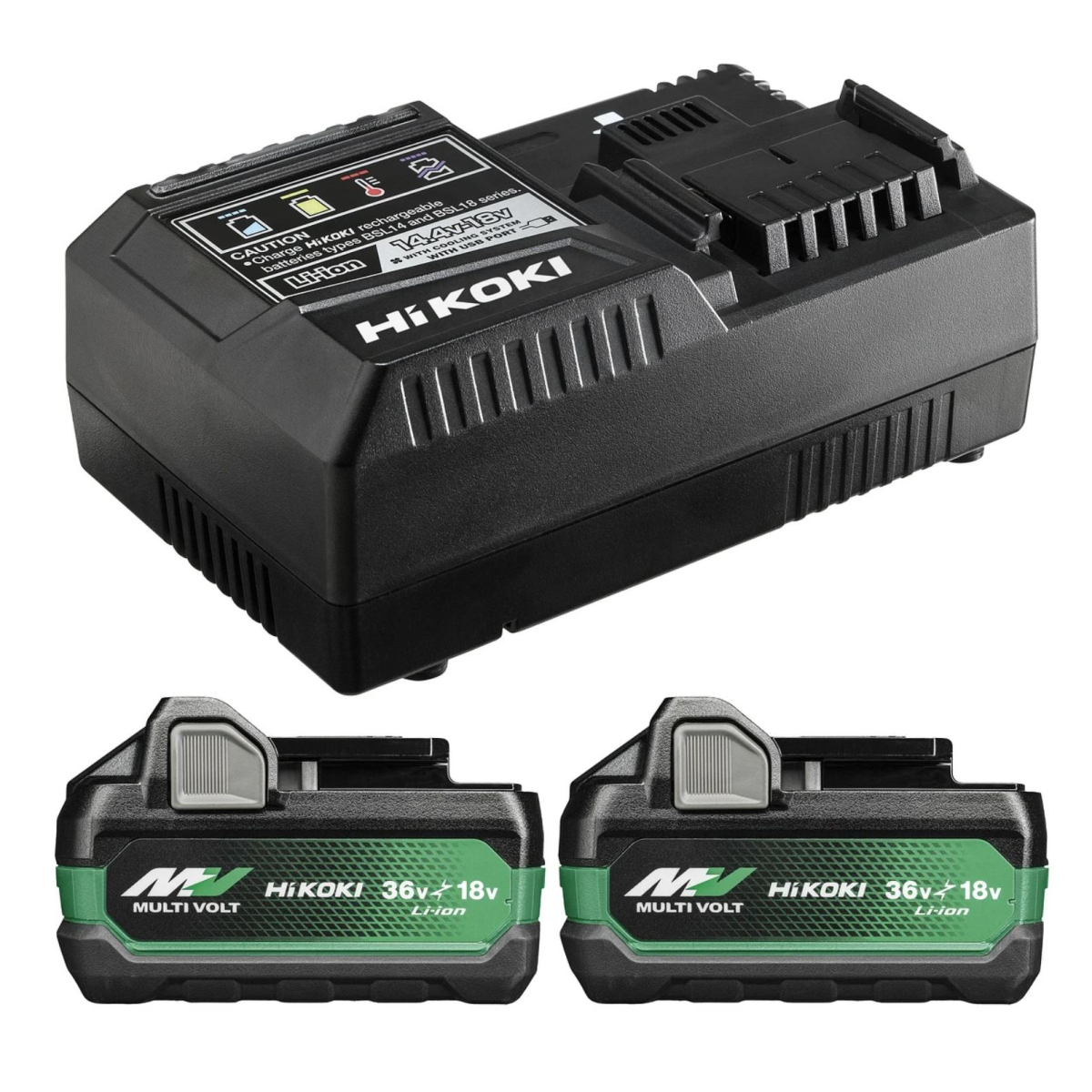 HiKOKI Tilbehør UC18YSL3WJZ Boosterpakke - 2 x BSL36B18X Multivolt Batteri 36V 4.0Ah/ 18V 8.0Ah Li-Ion + UC18YSL3 Hurtigoplader