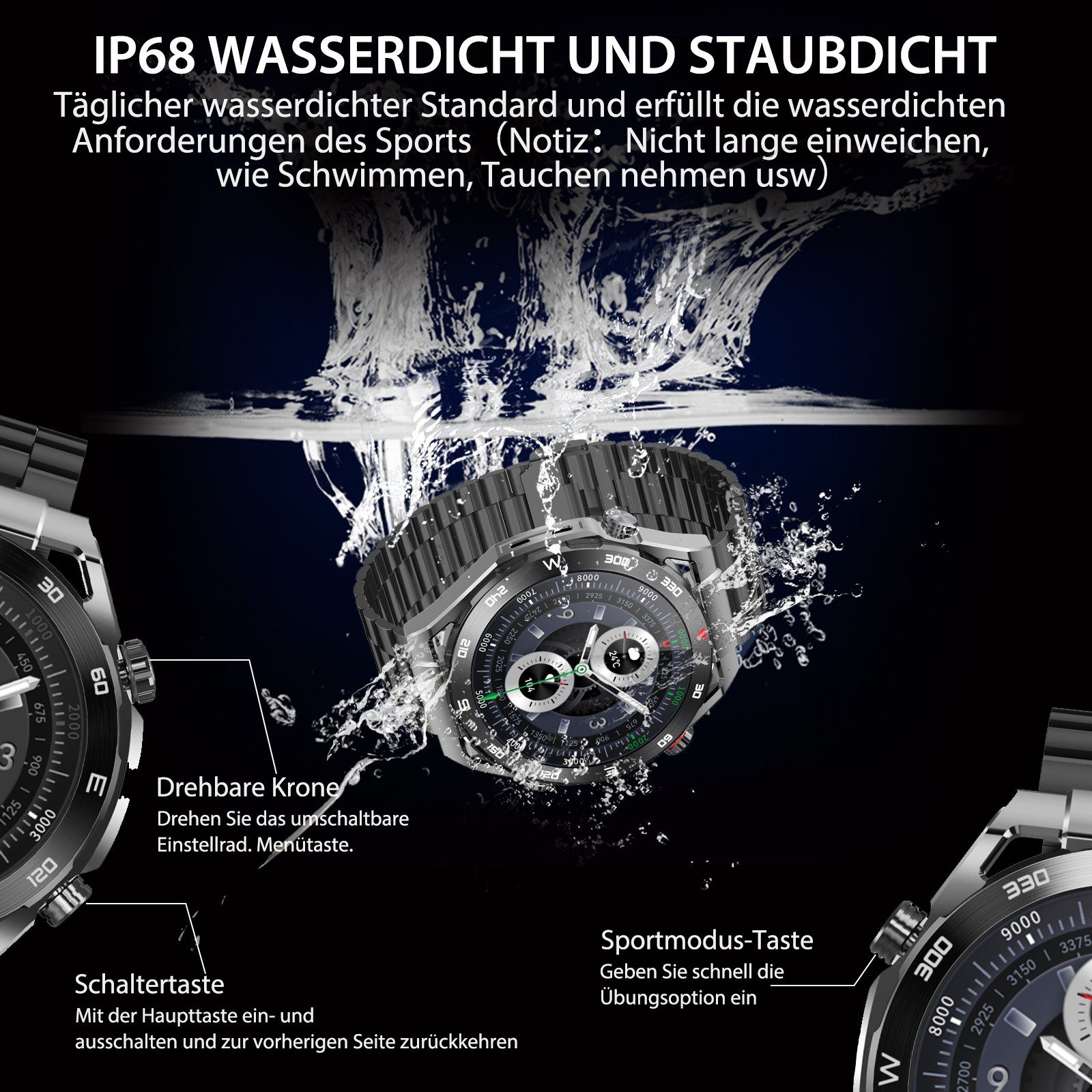 Yuede Smartwatch, Fitness Tracker uhr mit Anruffunktion für Damen und Herren Smartwatch (Rundes 1,52-Zoll-UHD-Full-Touch-Farbdisplay Zoll) Gesundheits-Smartwatches mit Blutsauerstoff, Blutdruckmessung, Herzfrequenz, Schlafqualität, Schrittzähler, Mus