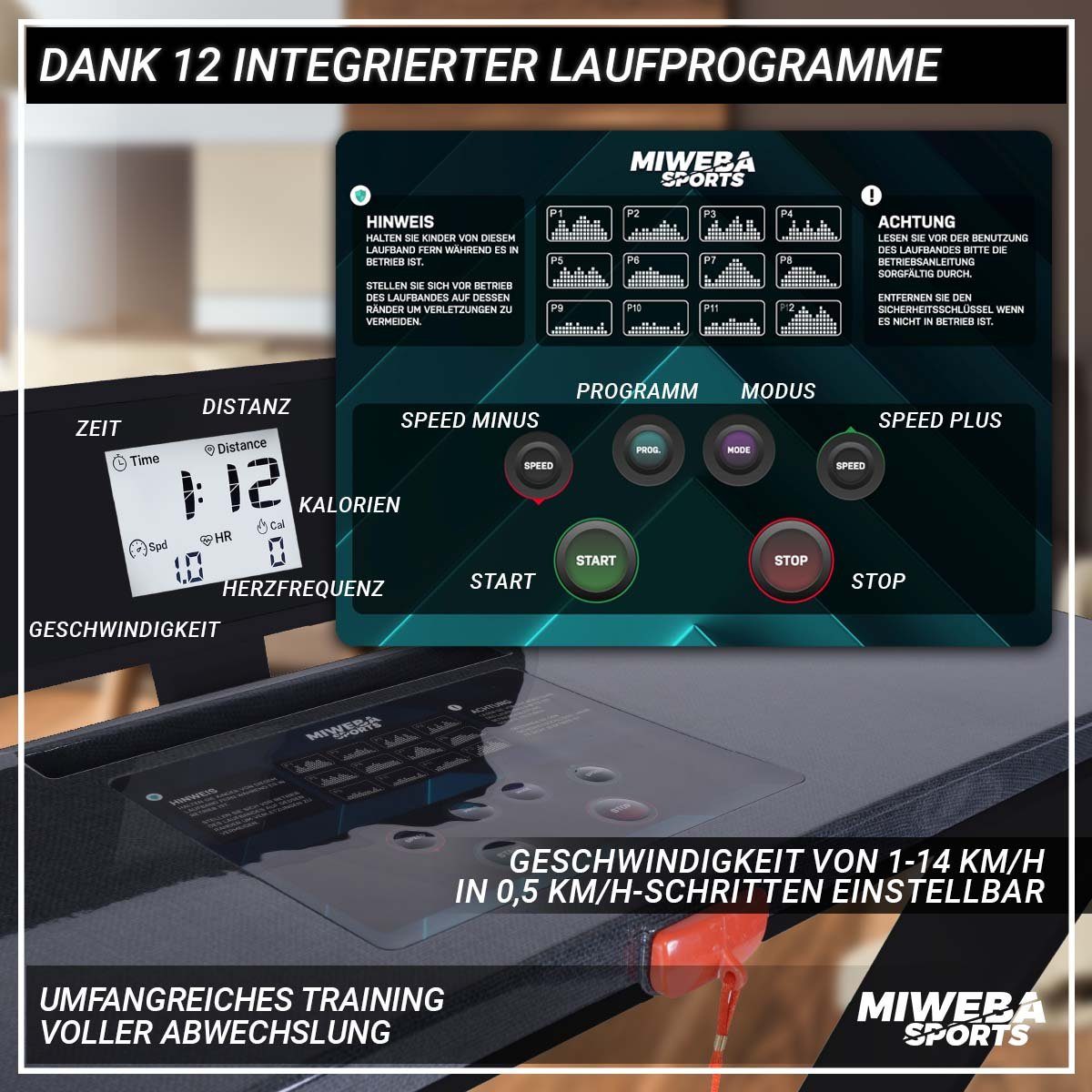 Miweba Sports Laufband Profi Sportgerät HT500 - 14 km/h – Ultra Leicht - klappbar (Treadmill, Trainingsgerät, Heimtrainer, Speedrunner, Fitness, Workout, 1-tlg., 120 kg Traglast, 12 Laufprogramme, Handy/-Tablethalter, LCD-Display, Pulssensor, Safety-