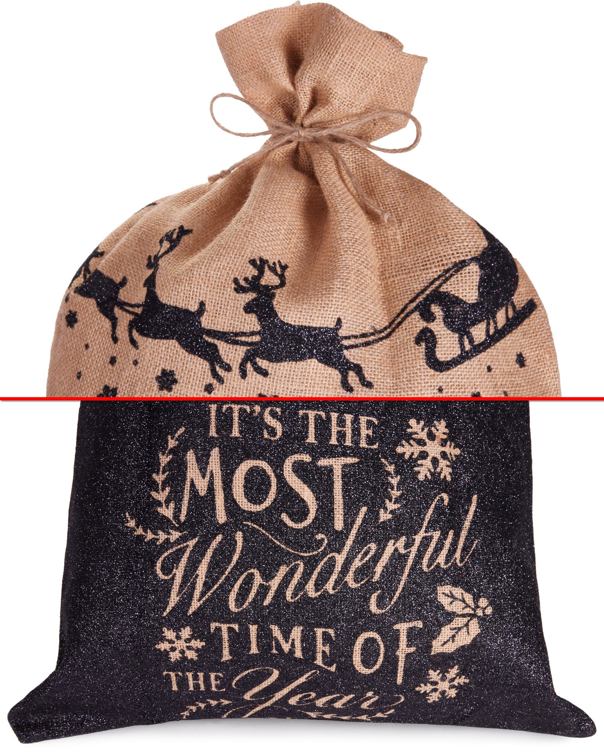 BRUBAKER Aufbewahrungstasche Weihnachtssack Most Wonderful Time of the Year - 80 cm Geschenksack (Weihnachtsmann mit Schlitten, 1-tlg), Nikolaussack Jutebeutel Sack mit Kordel zum Verpacken von Geschenken