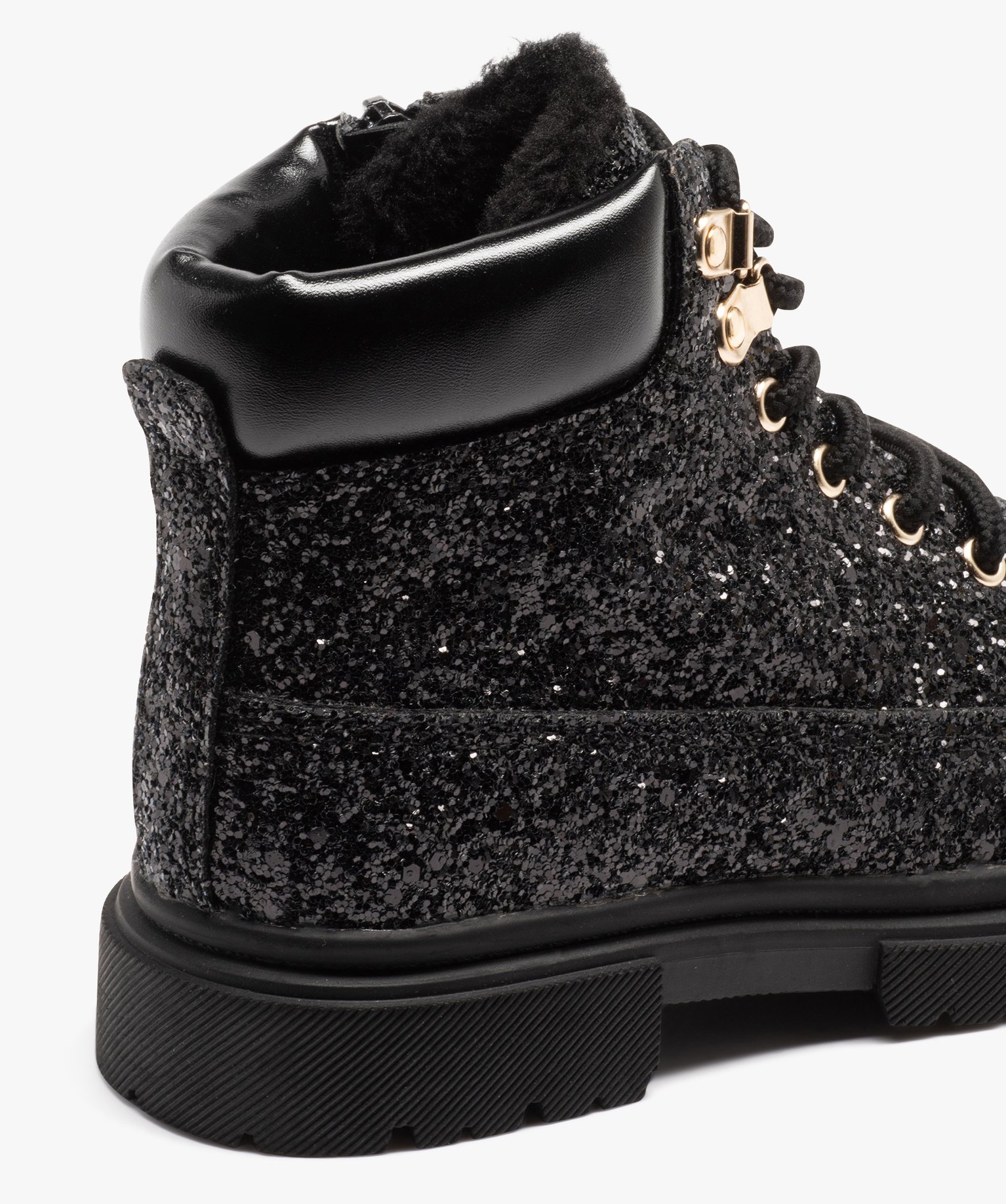Boots fourrées à paillettes et lacets fille noir | GEMO