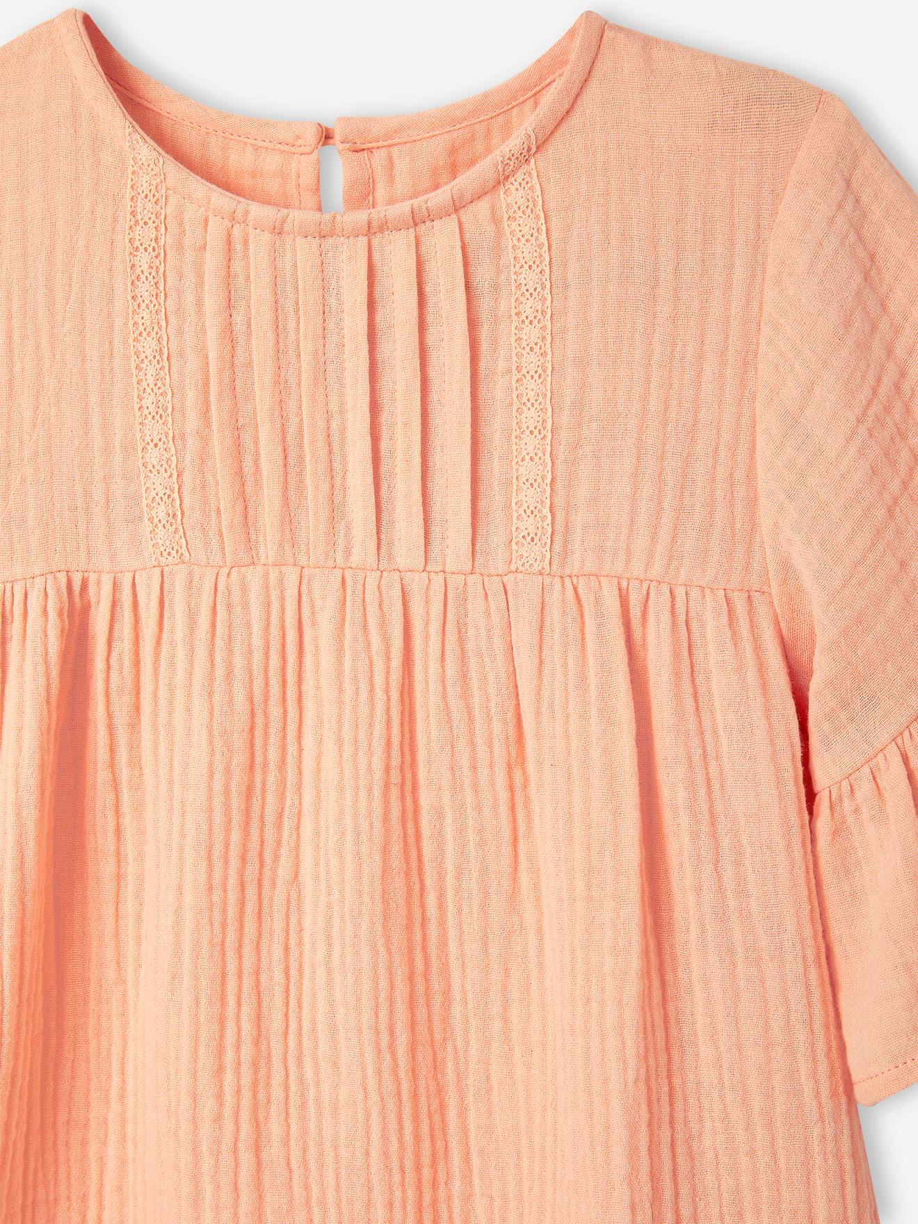 Robe en gaze de coton fille abricot poudré