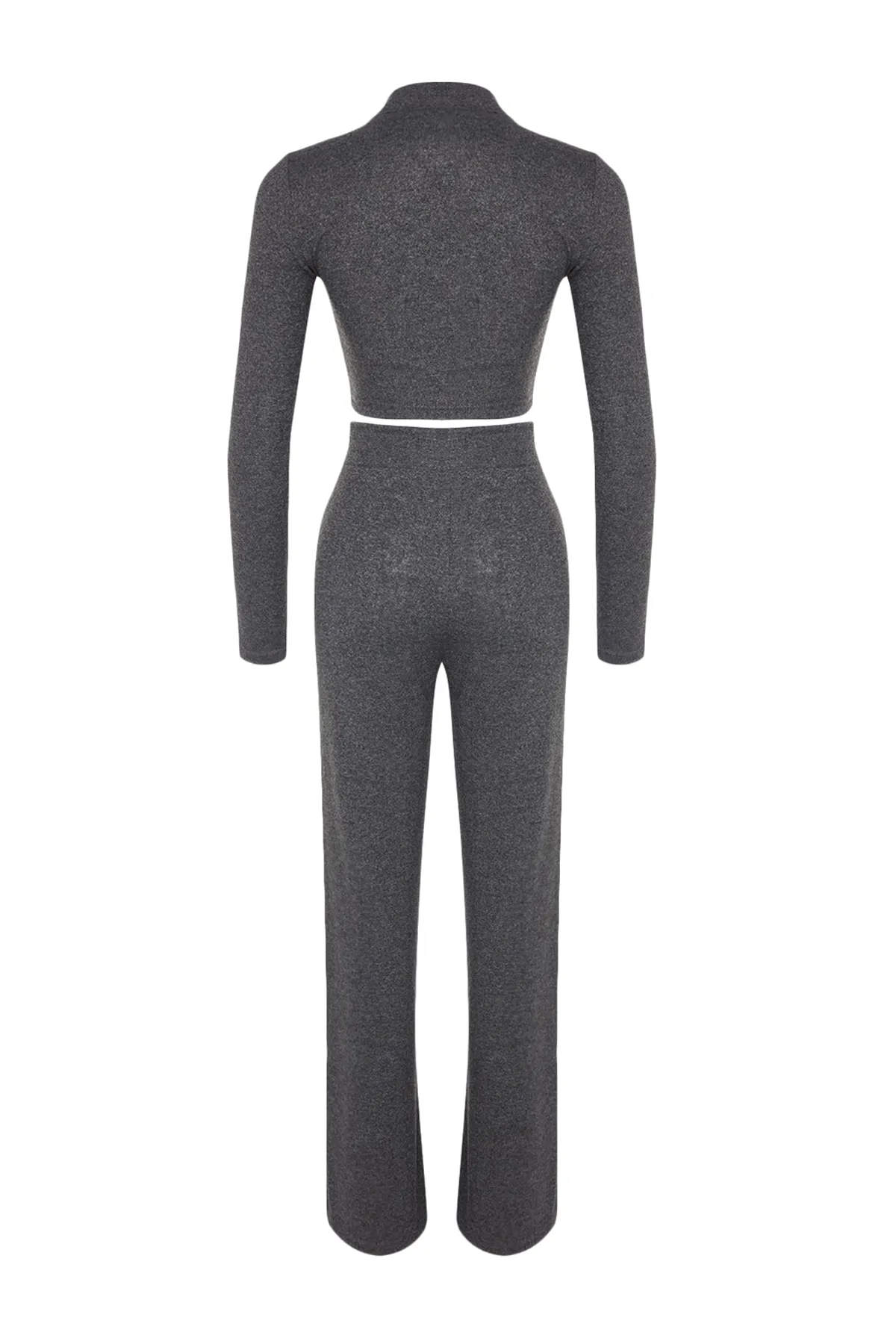 Trendyol Collection  Anthrazitfarbenes, weiches Crop-Top mit Stehkragen und weitem Bein/weitem Bein, gestricktes Unterteil-Oberteil-Set TWOAW24AU00077