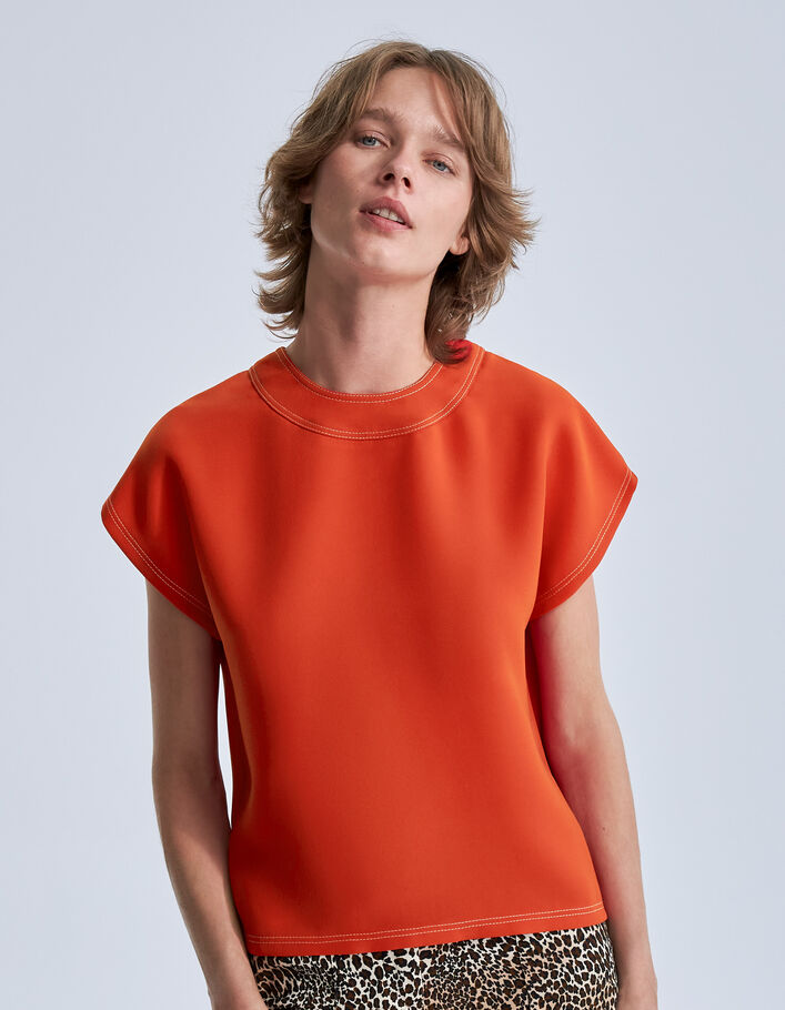 Top tangerine bordé de double surpiqûres Femme