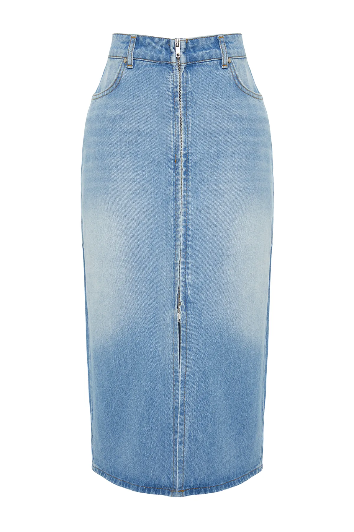 Trendyol Collection  Blau - High Waist Midi Jeansrock mit Frontreißverschluss - Nachhaltig TWOSS24ET00035