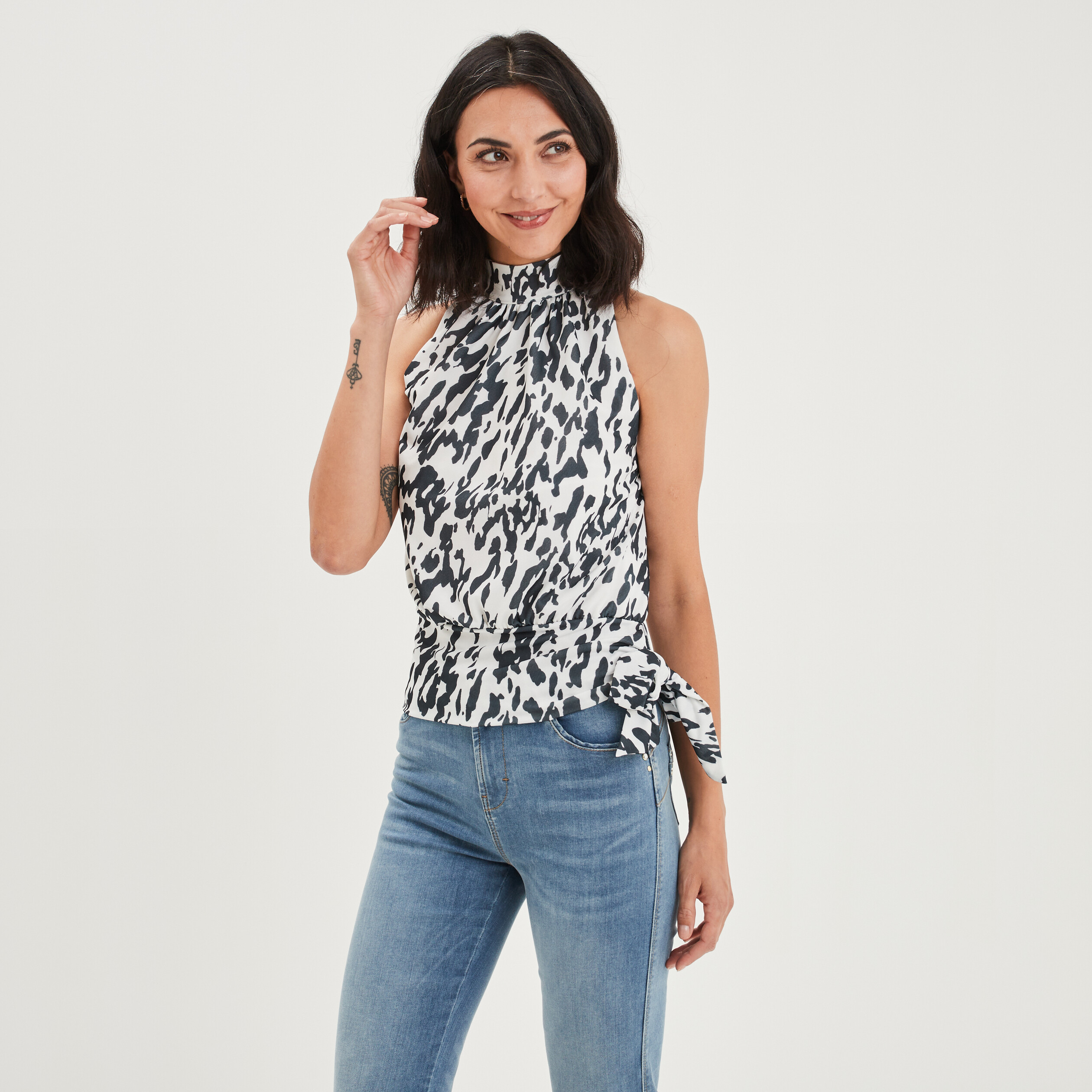 Débardeur col montant noeud taille ecru femme | La Halle