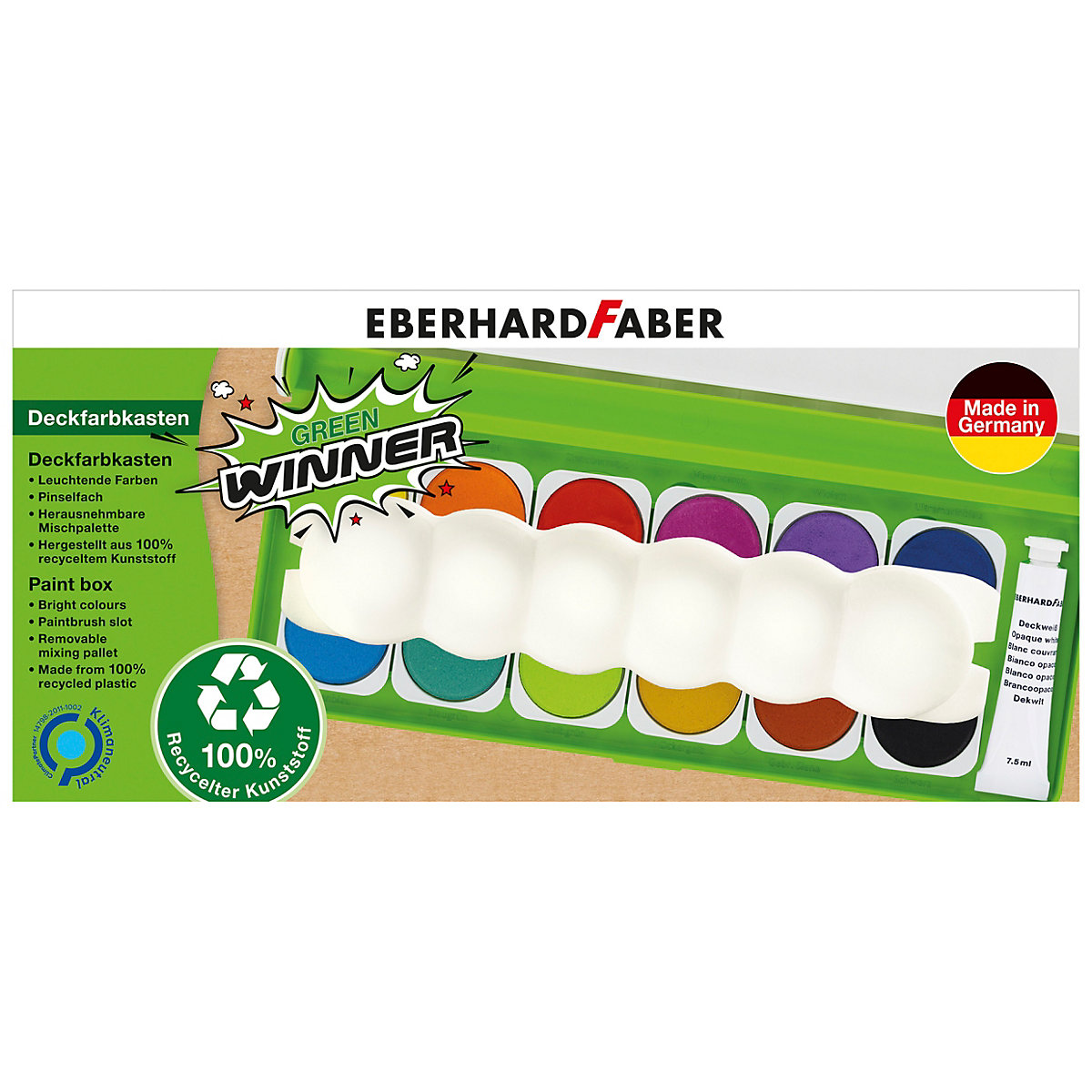 Deckfarbkasten GREEN Winner aus 100% recyceltem Material, 12 Farben, inkl. Deckweiß & Mischpalette