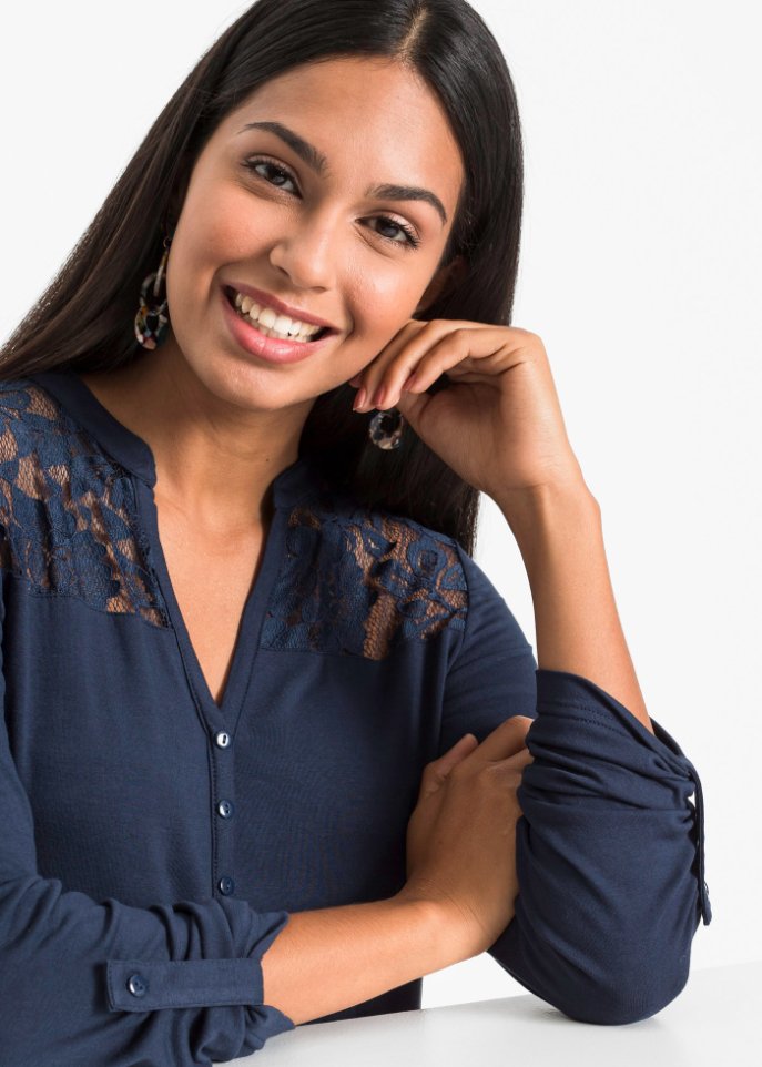 Henleyshirt mit Spitzeneinsatz