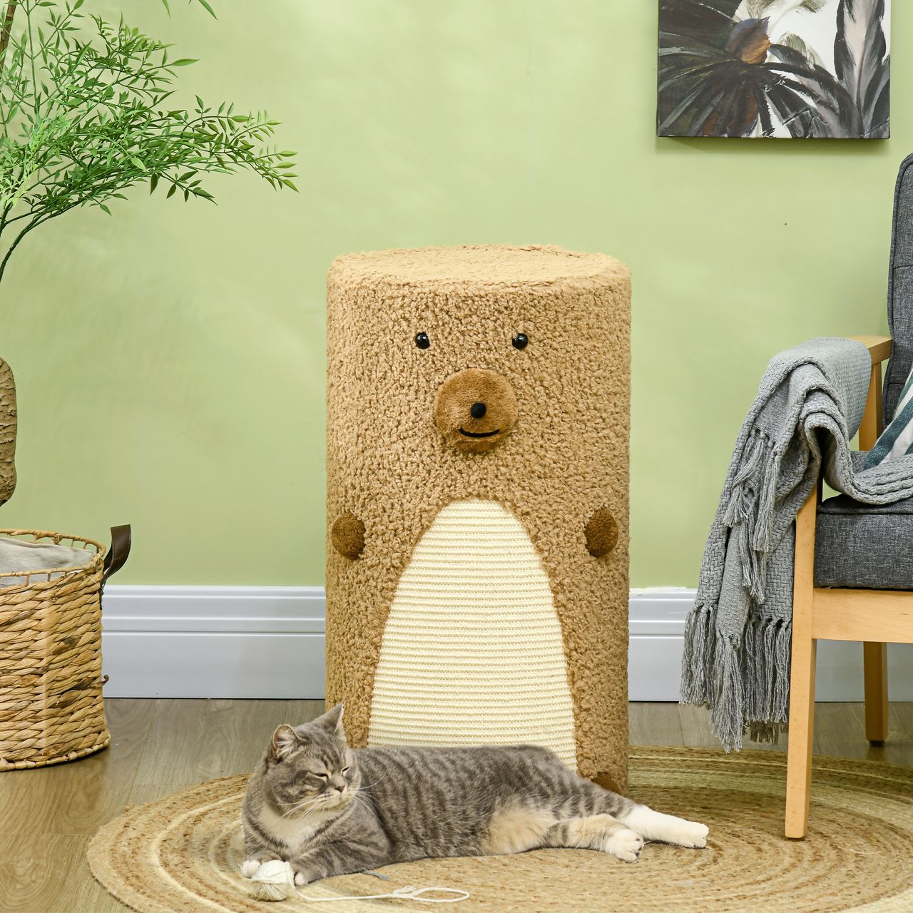 PawHut Kratztonne Höhe 66 cm, Kratzturm mit 2 Höhlen, Katzentonne mit Kratzbrett