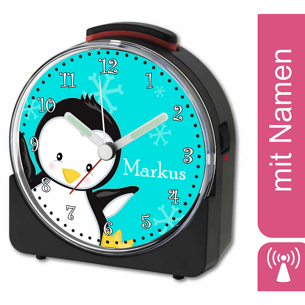 Kinder Funkwecker weiß personalisiert mit Namen Pinguin