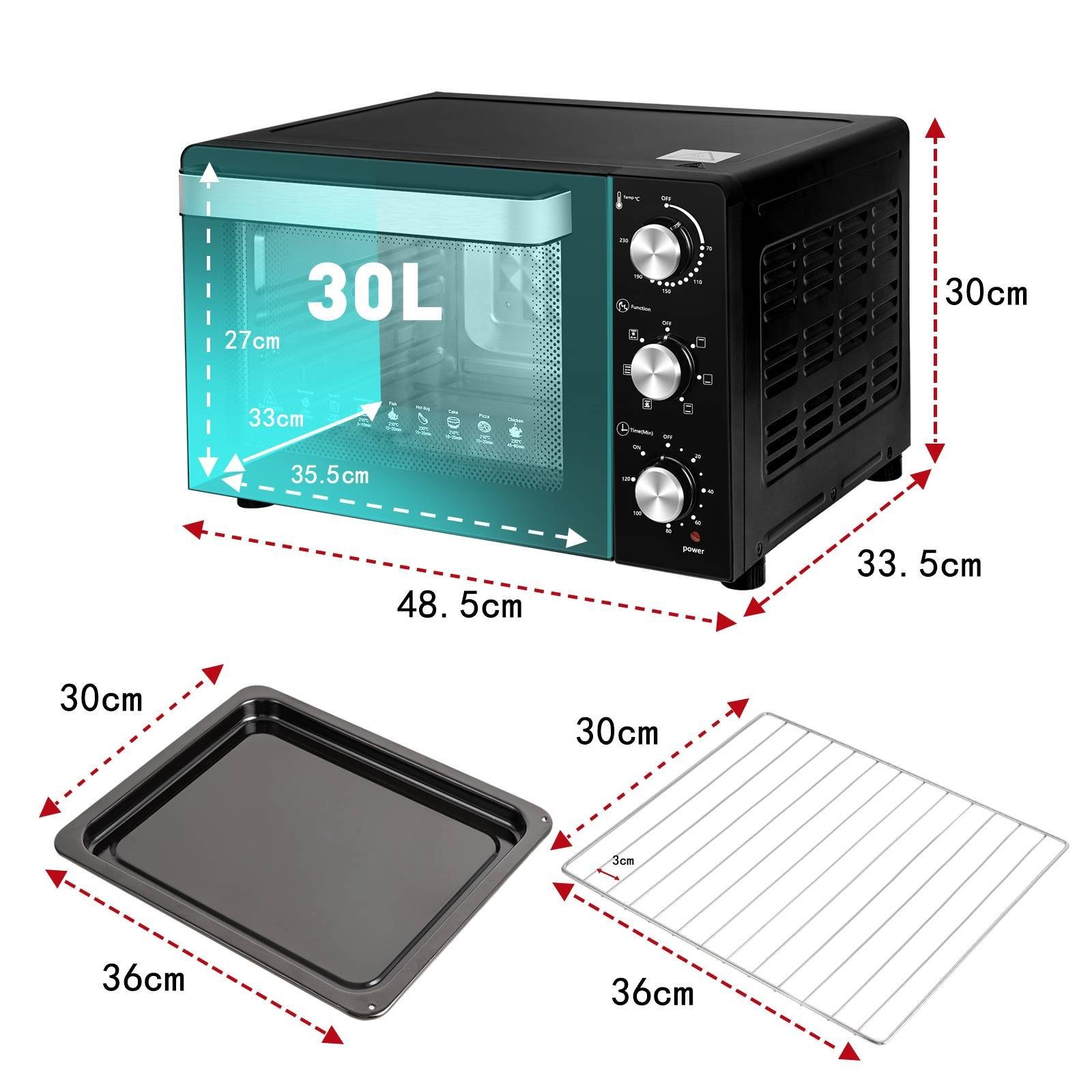 EUGAD Minibackofen, 30 L mit 3 Ebenen 6 Modi Umluft zweilagige Tür, 1500 W