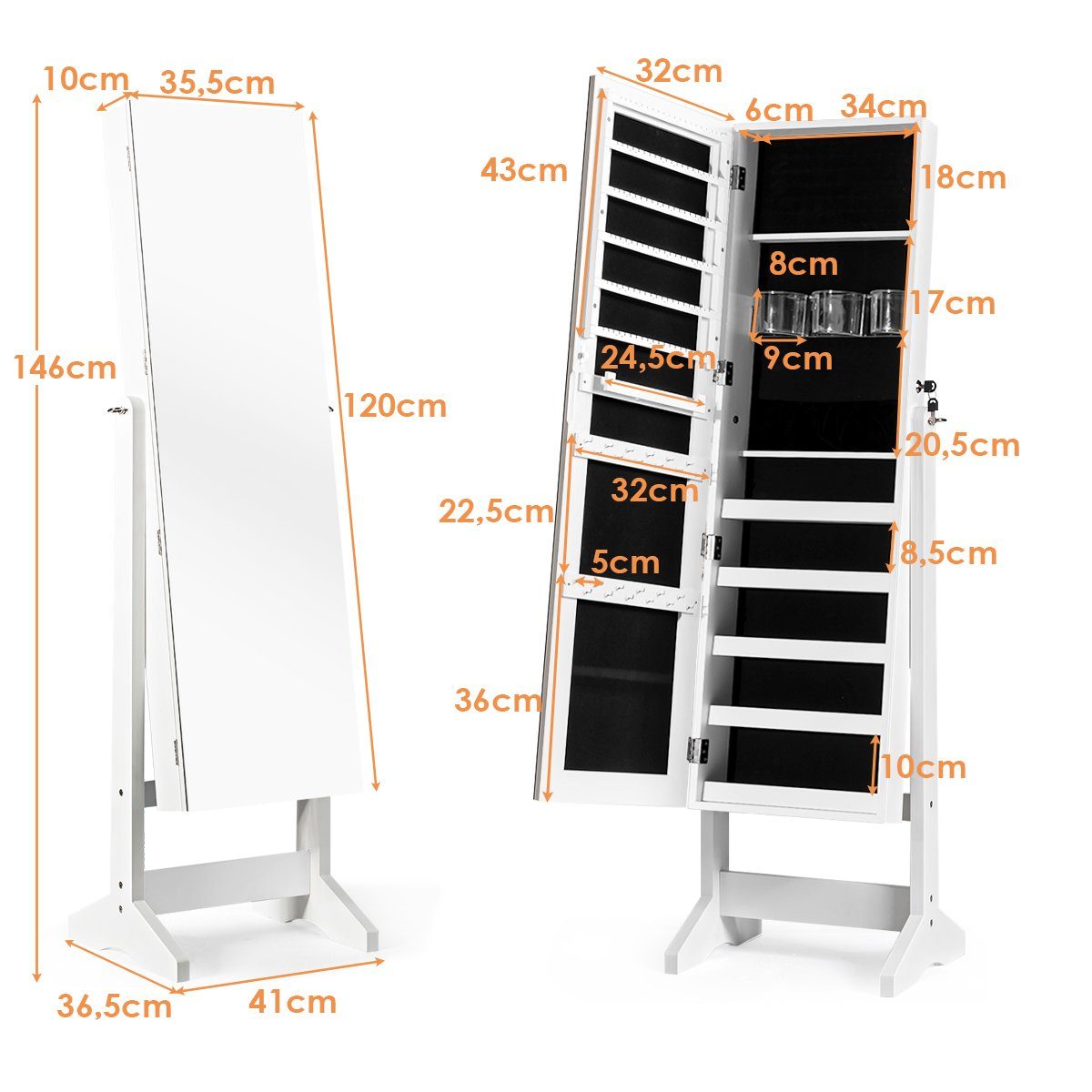 COSTWAY Schmuckschrank Ganzkörperspiegel, abschließbar&Neigungsverstellbar