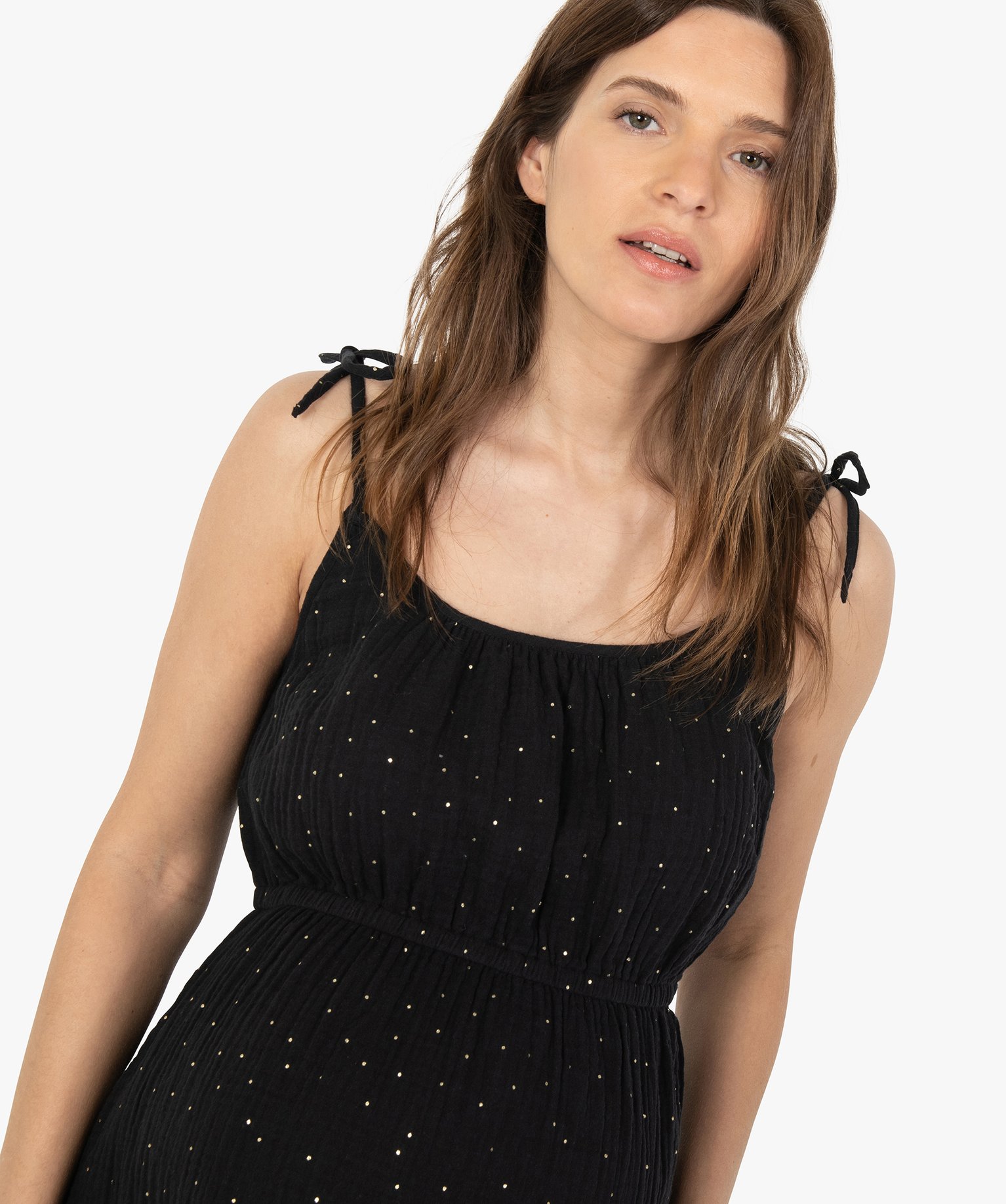 Robe de grossesse à fines bretelles en gaze de coton noir | GEMO