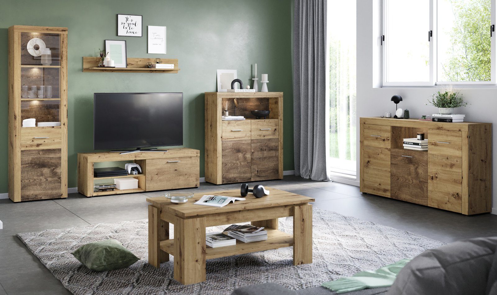 xonox.home Wohnwand Fly, (in Artisan Eiche Dekor mit Eiche dunkel, Set 4-teilig, 326x190 cm), mit viel Stauraum