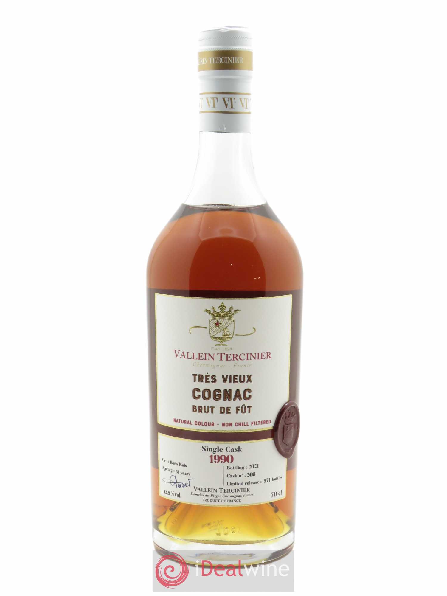 Cognac Vallein Tercinier Bons Bois (70cl) 1990 - Lot de 1 Bouteille