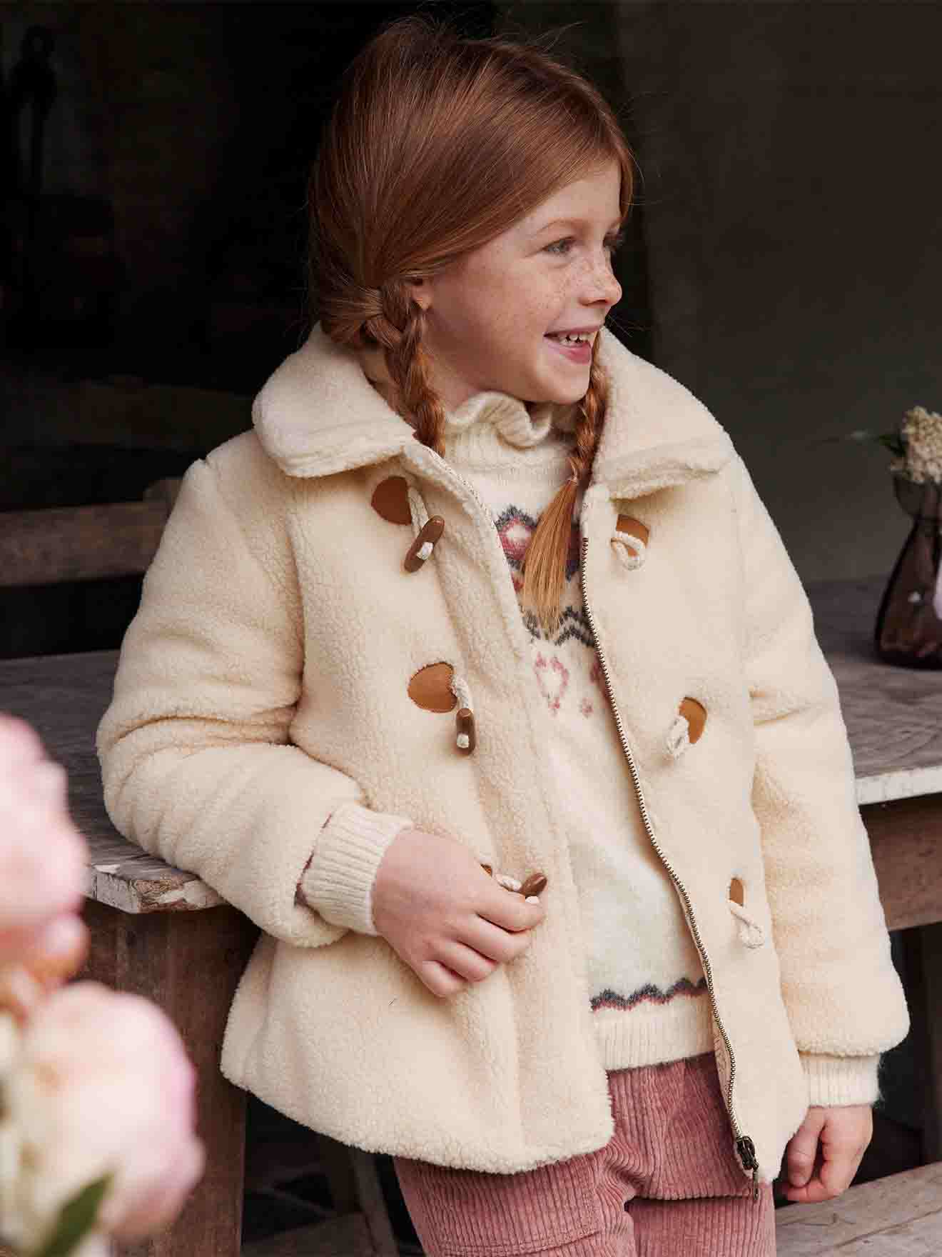 Vertbaudet Mädchen Teddyfleece-Mantel mit Knebelverschluss, Wattierung Recycling-Polyester - wollweiß
