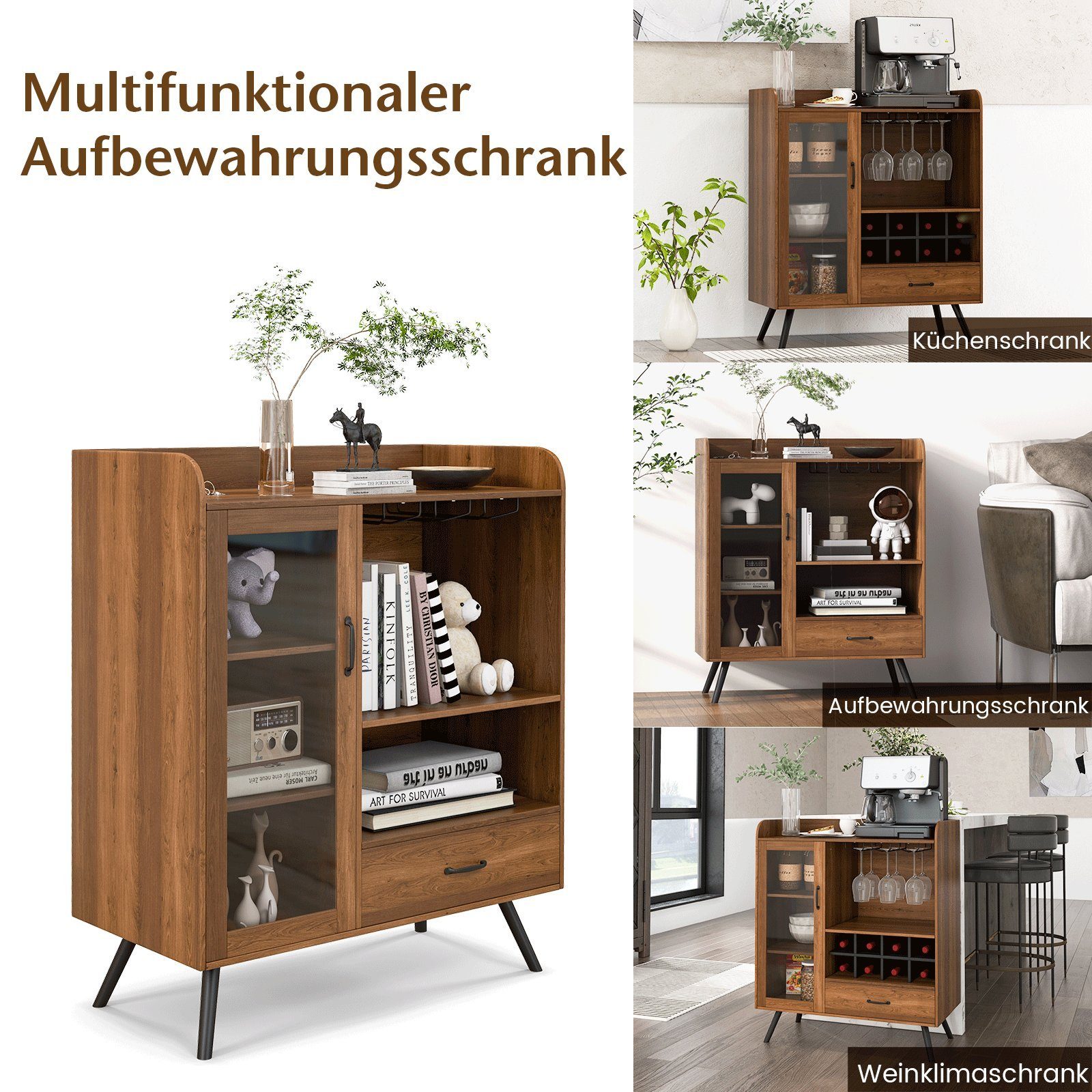 COSTWAY Weinschrank mit Weinregal, Glashaltern, Schublade & Tür, 80x40x95cm