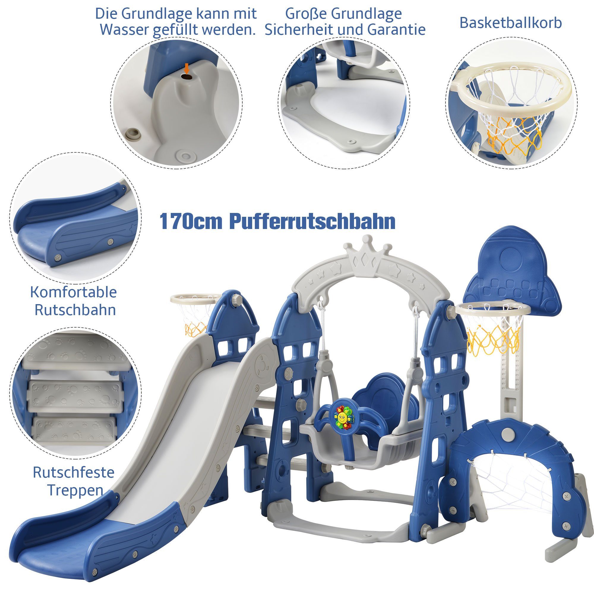 REDOM Indoor-Rutsche 5 in 1 Rutsche Kinderrutsche Fun-Slide Schaukel Kleinkinderrutsche, (Schaukel Rutsche Gartenrutsche + Basketballkorb Fußballtor Kletterturm), mit Rutschbahn für 2-8 Jahre Kinder Indoor & Outdoor