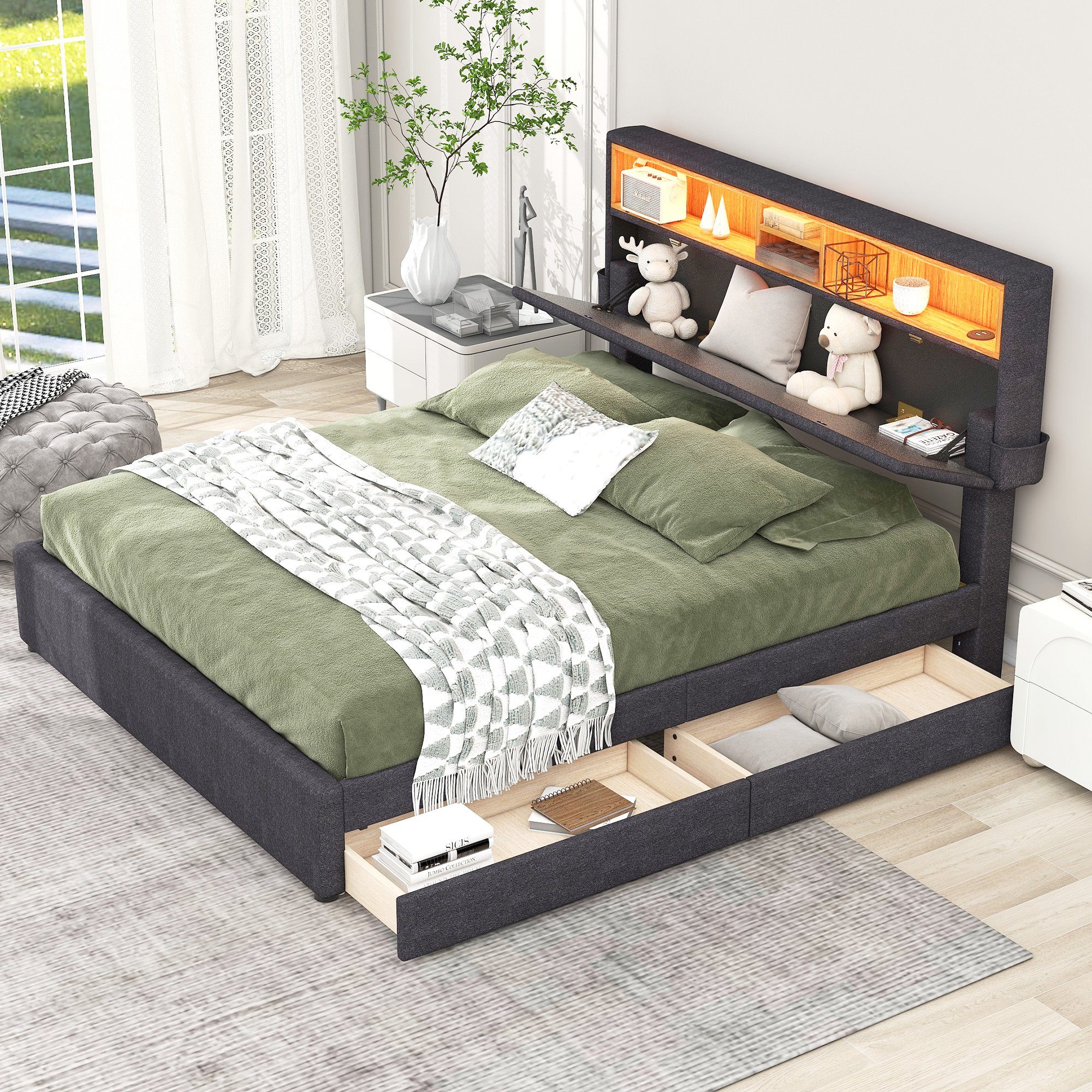 REDOM Polsterbett LED Doppelbett USB Steckdose Schubladen 140x200cm