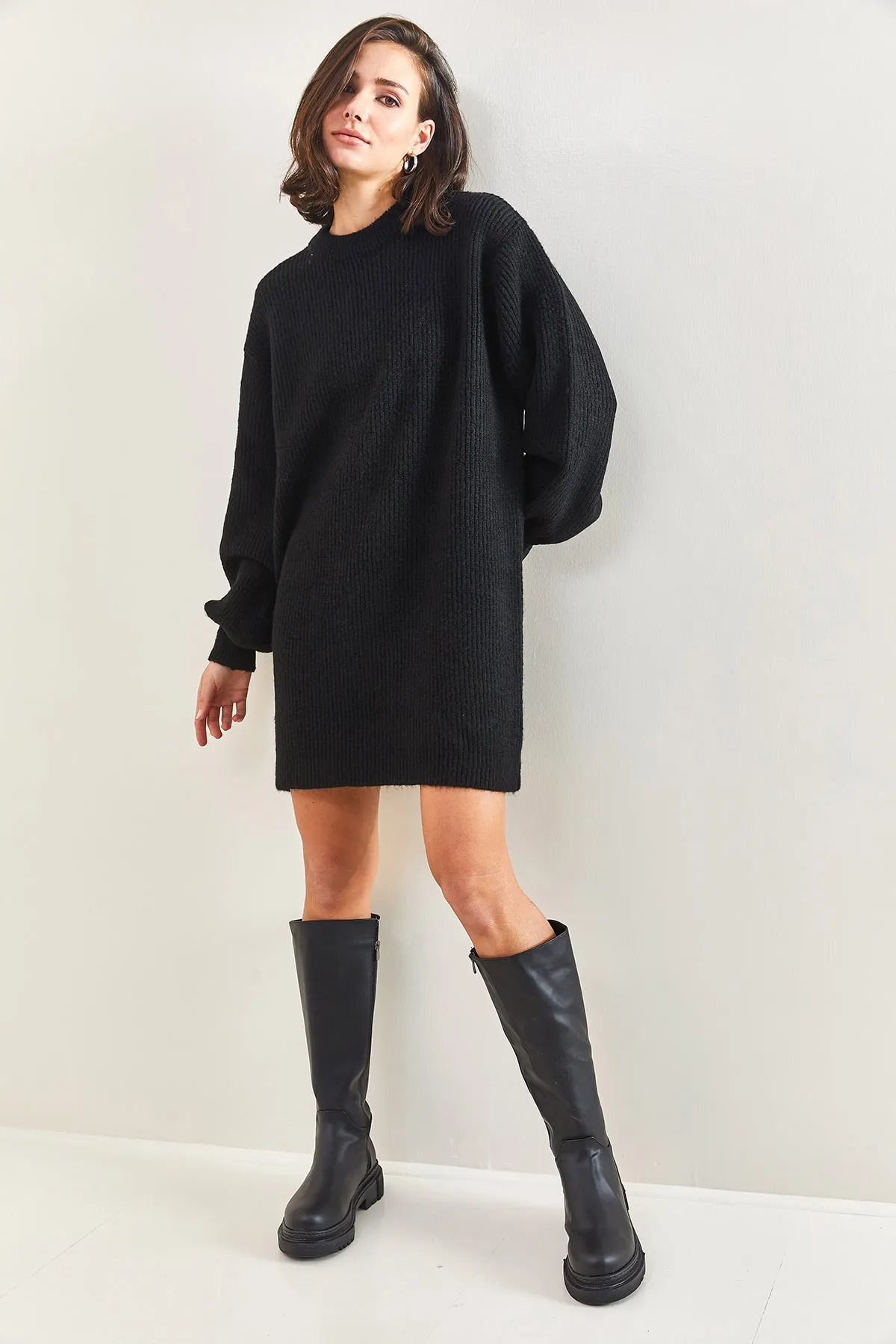 Bianco Lucci  Damen Ärmel Gemustertes Rippenstrick Tunika Pullover Kleid