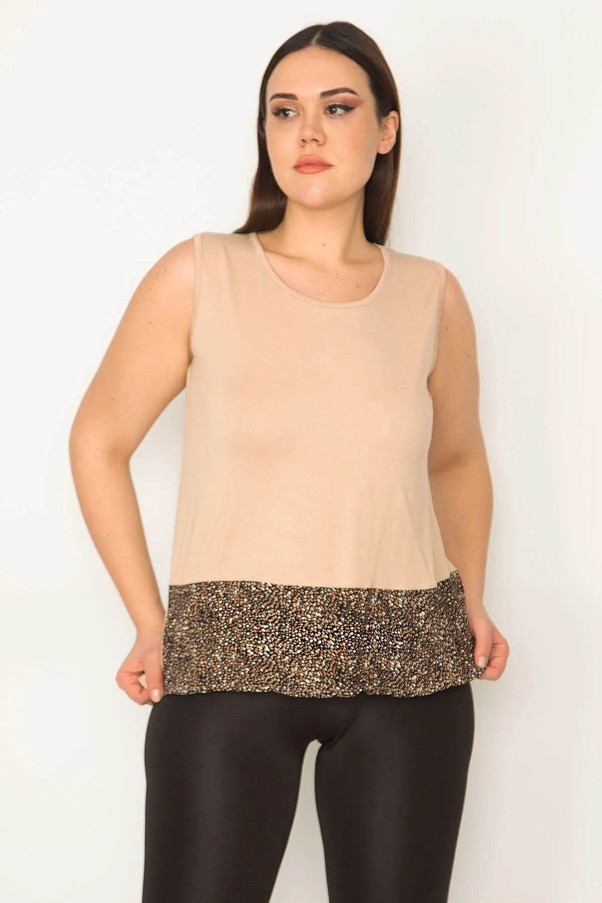 Şans  Damen-Bluse, große Größe, Beige, Garni, ärmellos, ärmellos, 65n18014