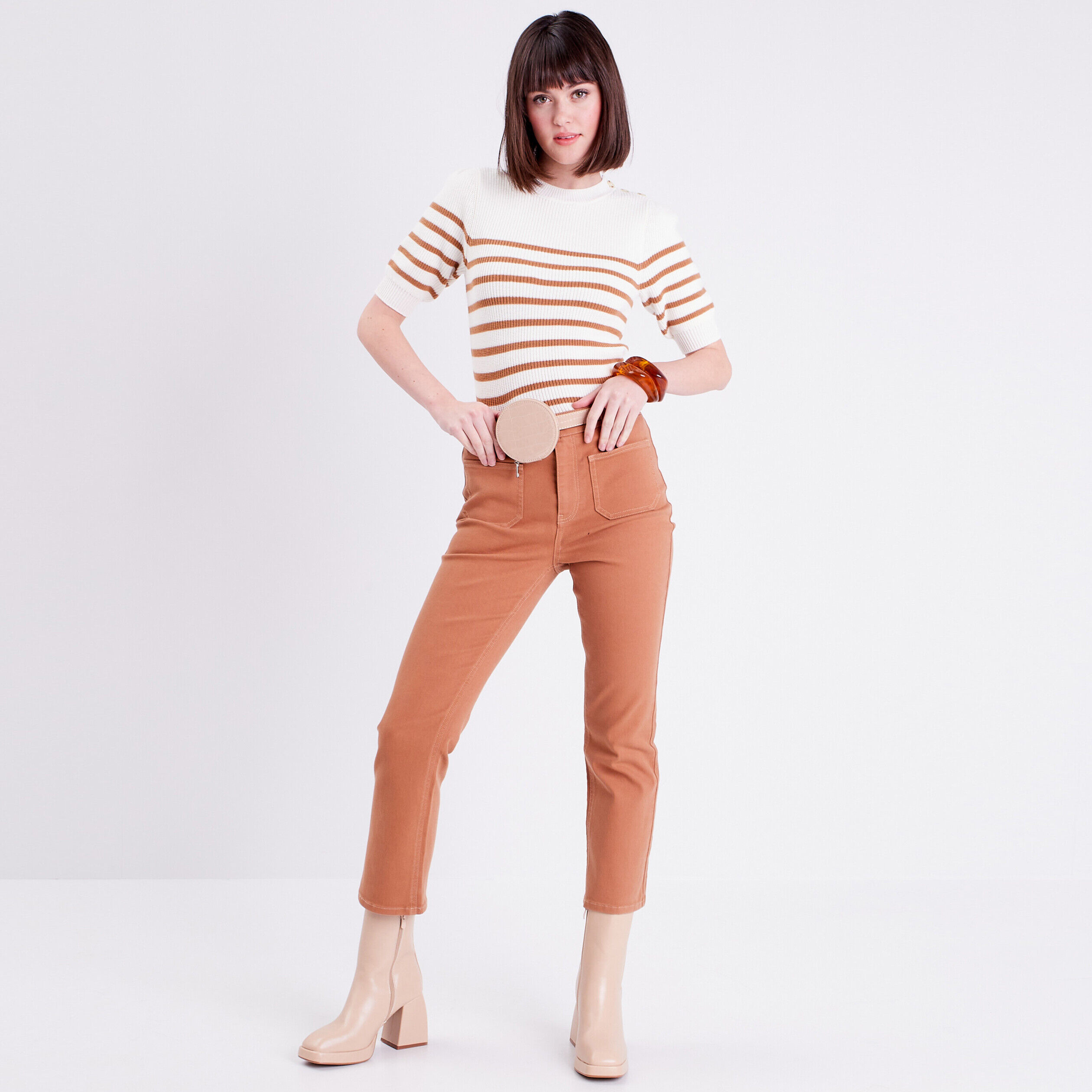 Jeans flare poches plaquées beige femme | Cache Cache