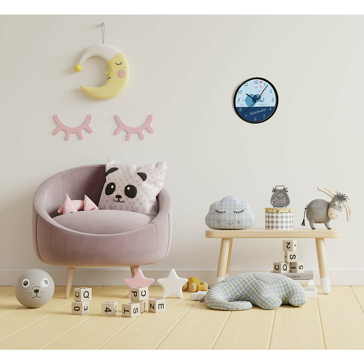 Kinder Wanduhr personalisiert mit Name Elefant blau