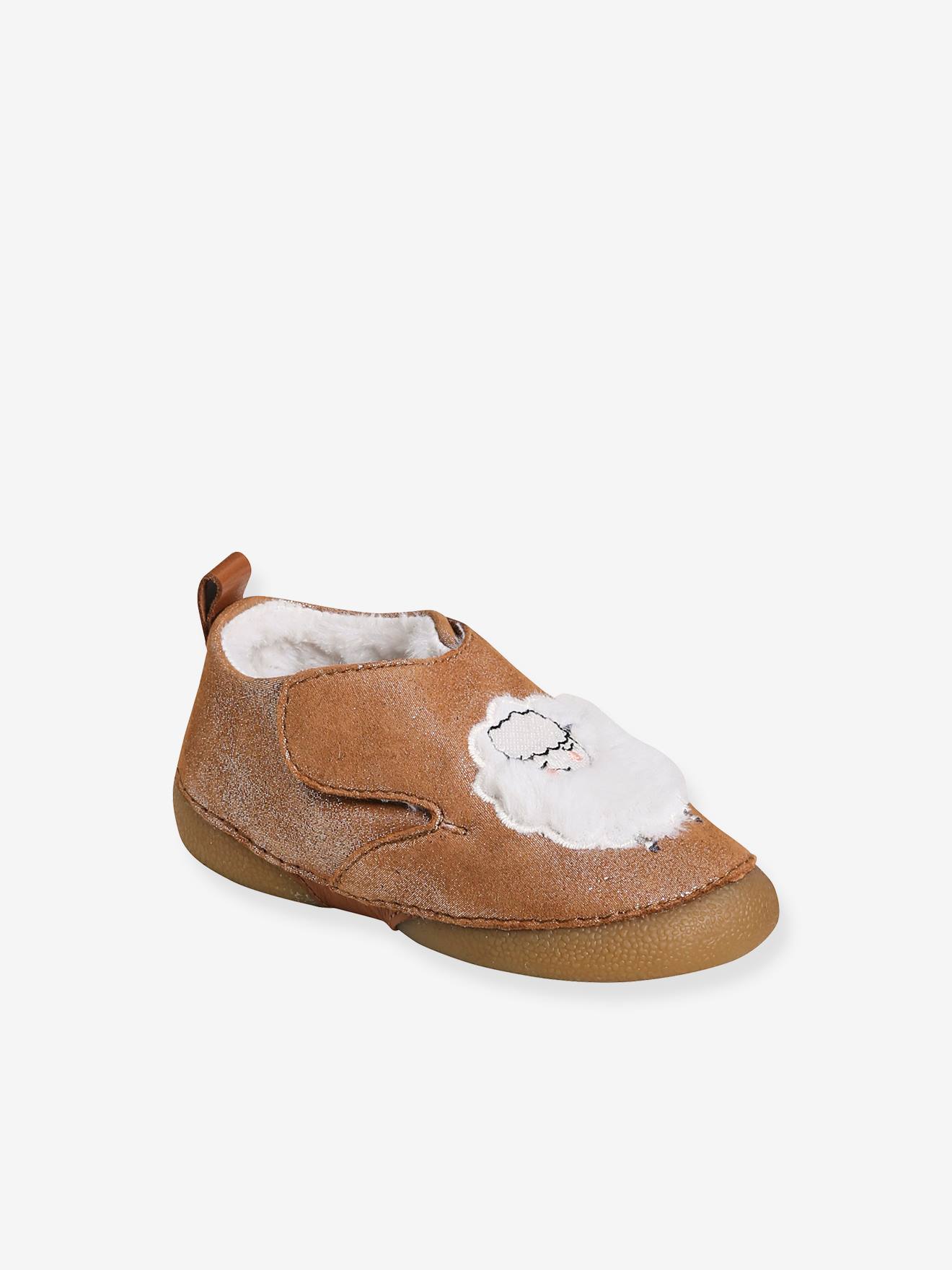 Chaussons fourrés bébé fille en cuir souple camel pailleté