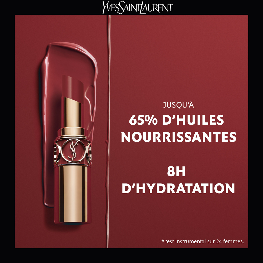 Yves Saint Laurent Rouge Volupté Shine Rouge à lèvres alliant couleur, soin etbrillance longue tenue.