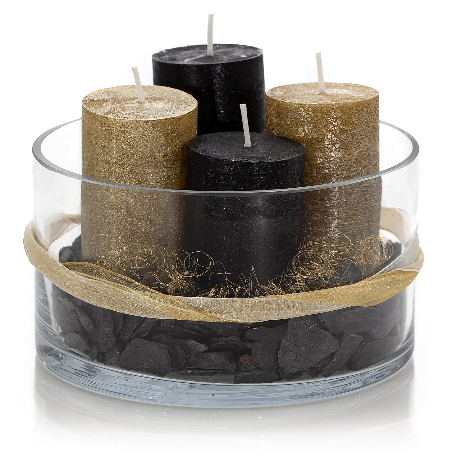 Rustikale Kerzen, schwarz-metallic/gold-metallic, 10 x 6 cm, 4 Stück
