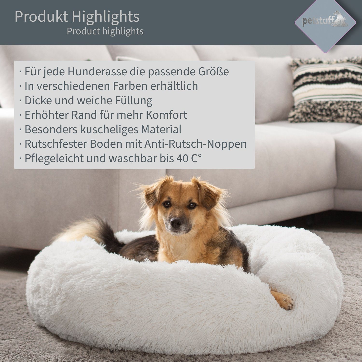 PETSTUFF Tierkissen Hundekissen Hundebett Hundematratze Hundematte, Tierbett, rund, waschbar, flauschig, Farb- und Größenwahl