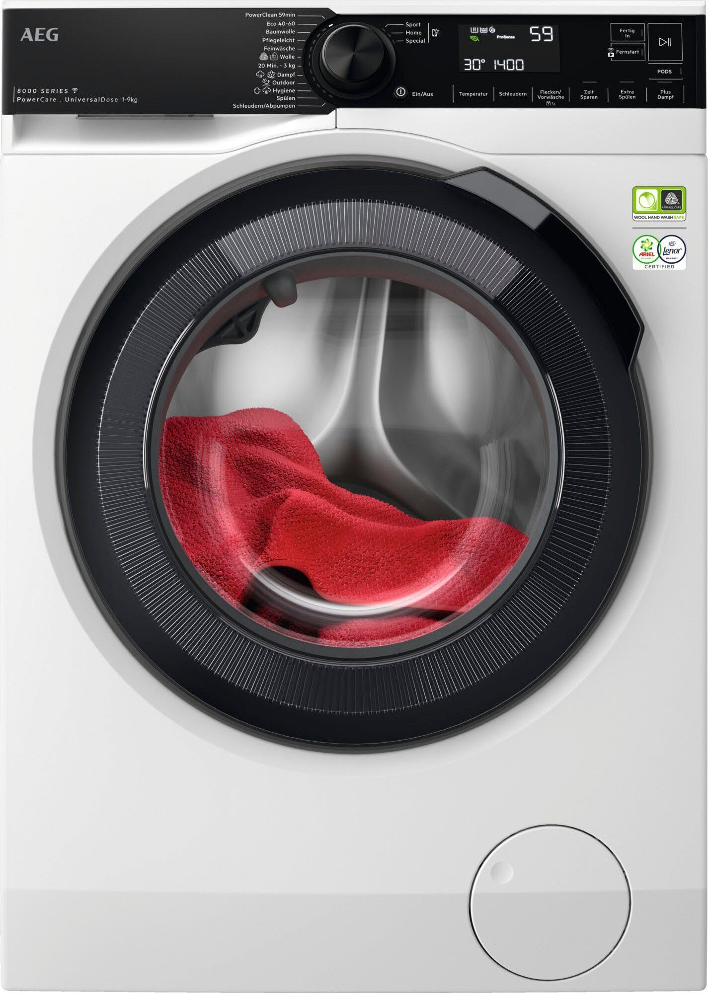 AEG Waschmaschine 8000 PowerCare LR8E75490, 9 kg, 1400 U/min, PowerClean - Fleckenentfernung in 59 Min. bei nur 30 °C & Wifi