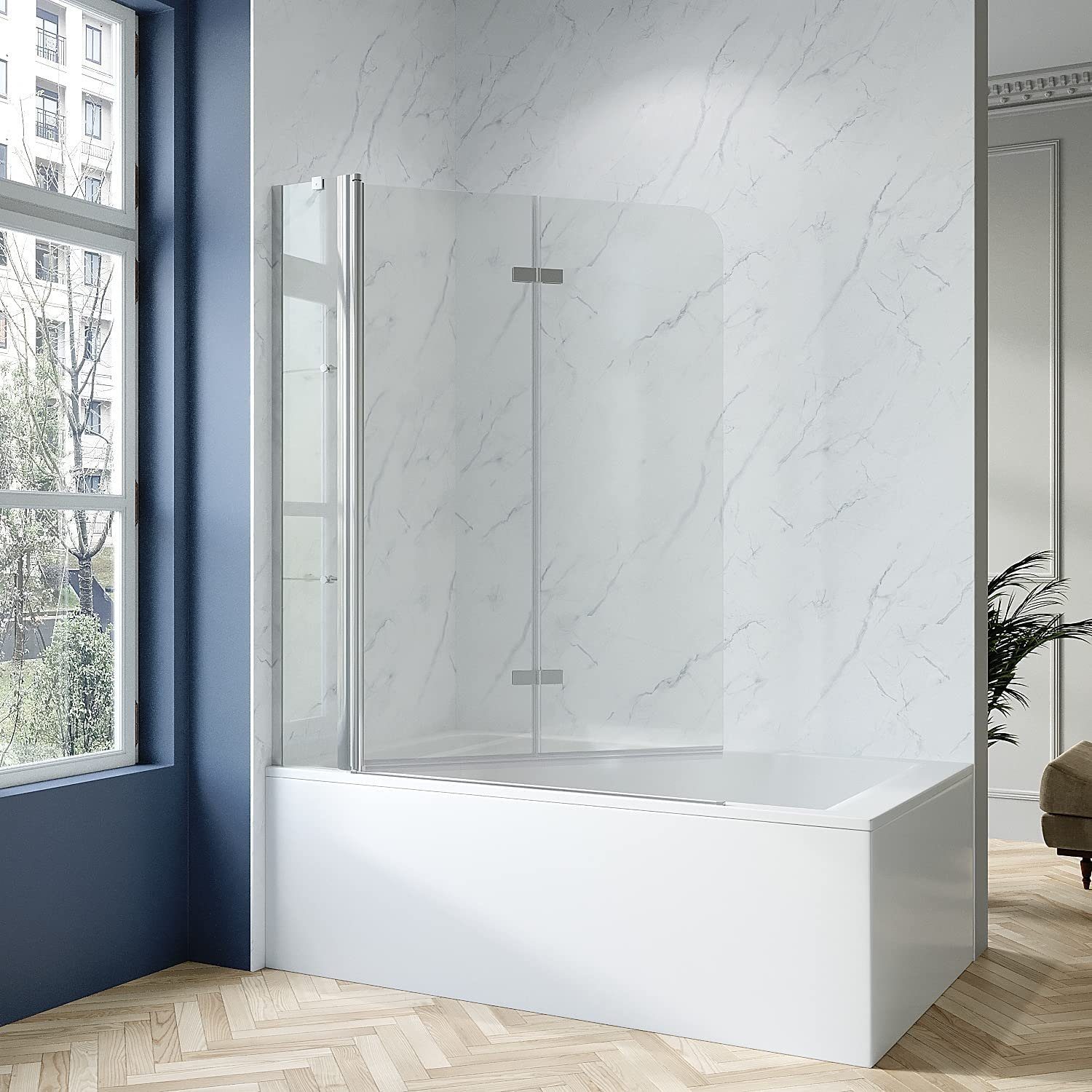 AQUALAVOS Badewannenfaltwand Duschabtrennung Glas Duschwand für Badewanne Badewannenaufsatz, Einscheiben-Sicherheitsglas (ESG) 5 mm mit Nanobeschichtung, 130x140 cm, 150x140 cm, Spritzschutz im Bad, mit Acryl- Duschablage
