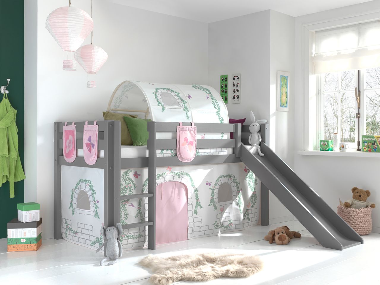 VIPACK Spielbett Pino inkl. Rutsche mit Textilset Vorhang, Tunnel und 3 Taschen 