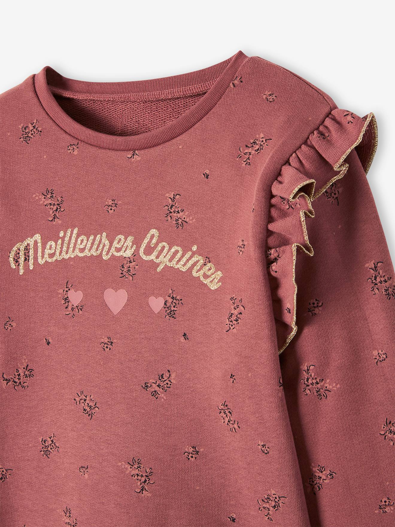 Sweat à volants fille détails fantaisie beige imprimé