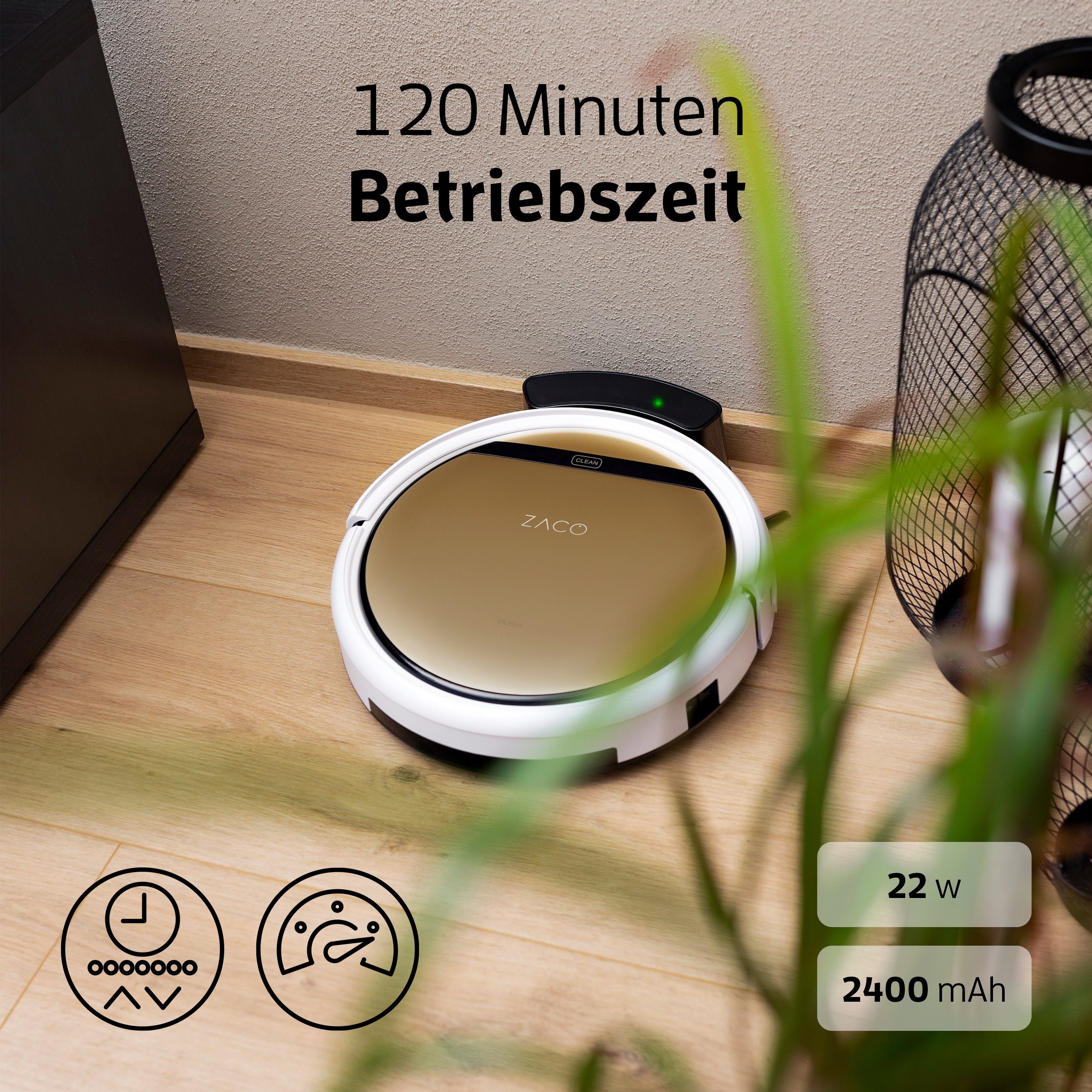 ZACO Nass-Trocken-Saugroboter V5x, 22 W, beutellos, mit Wischfunktion, App, Alexa Sprachsteuerung, Tierhaar, Timer, leise