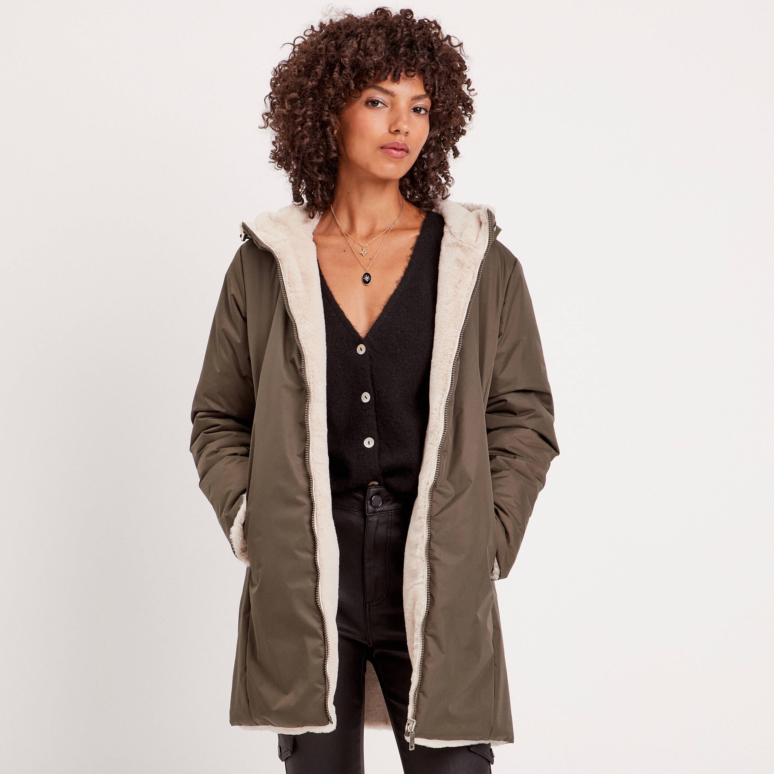 Parka réversible à capuche vert kaki femme | Cache Cache