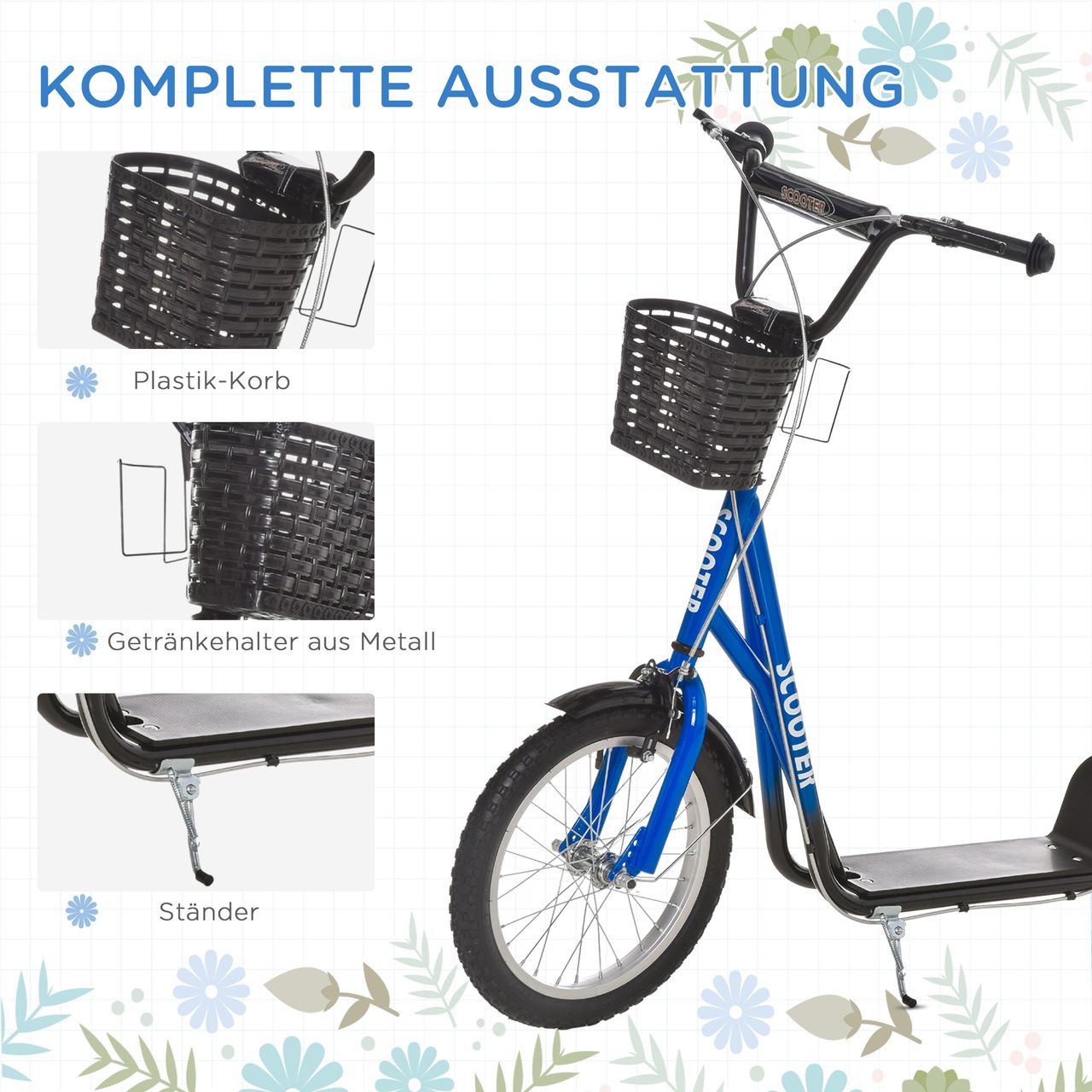 HOMCOM Kinderroller Tretroller mit Bremse Korb höhenverstellbar Gummi Blau