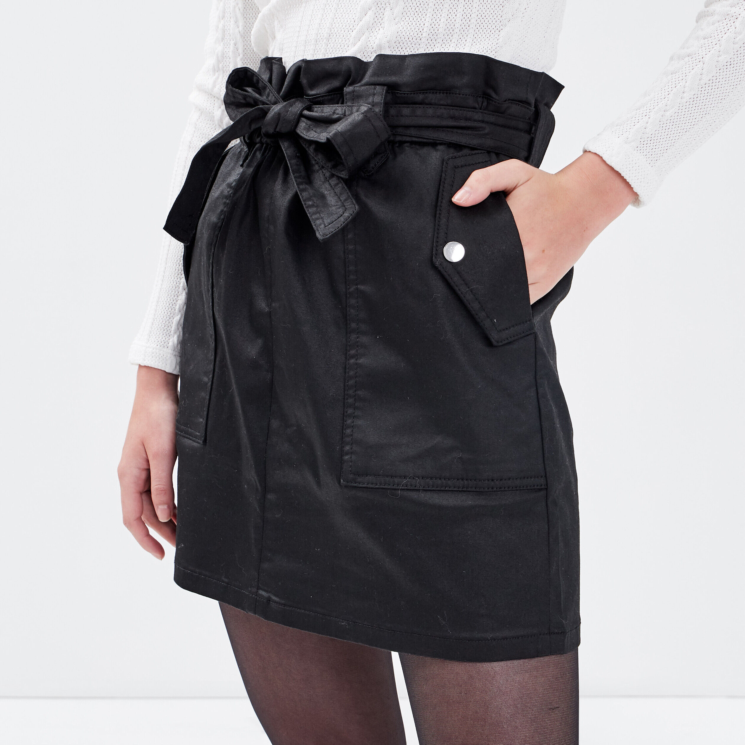 Jupe paperbag enduite noir femme | Cache Cache