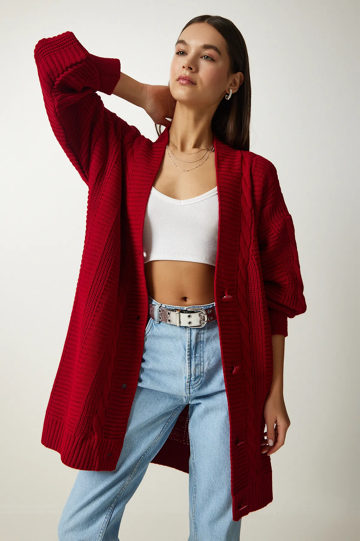 Happiness İstanbul  Roter Oversize-Strick-Cardigan mit Ballonärmeln für Damen DD01033