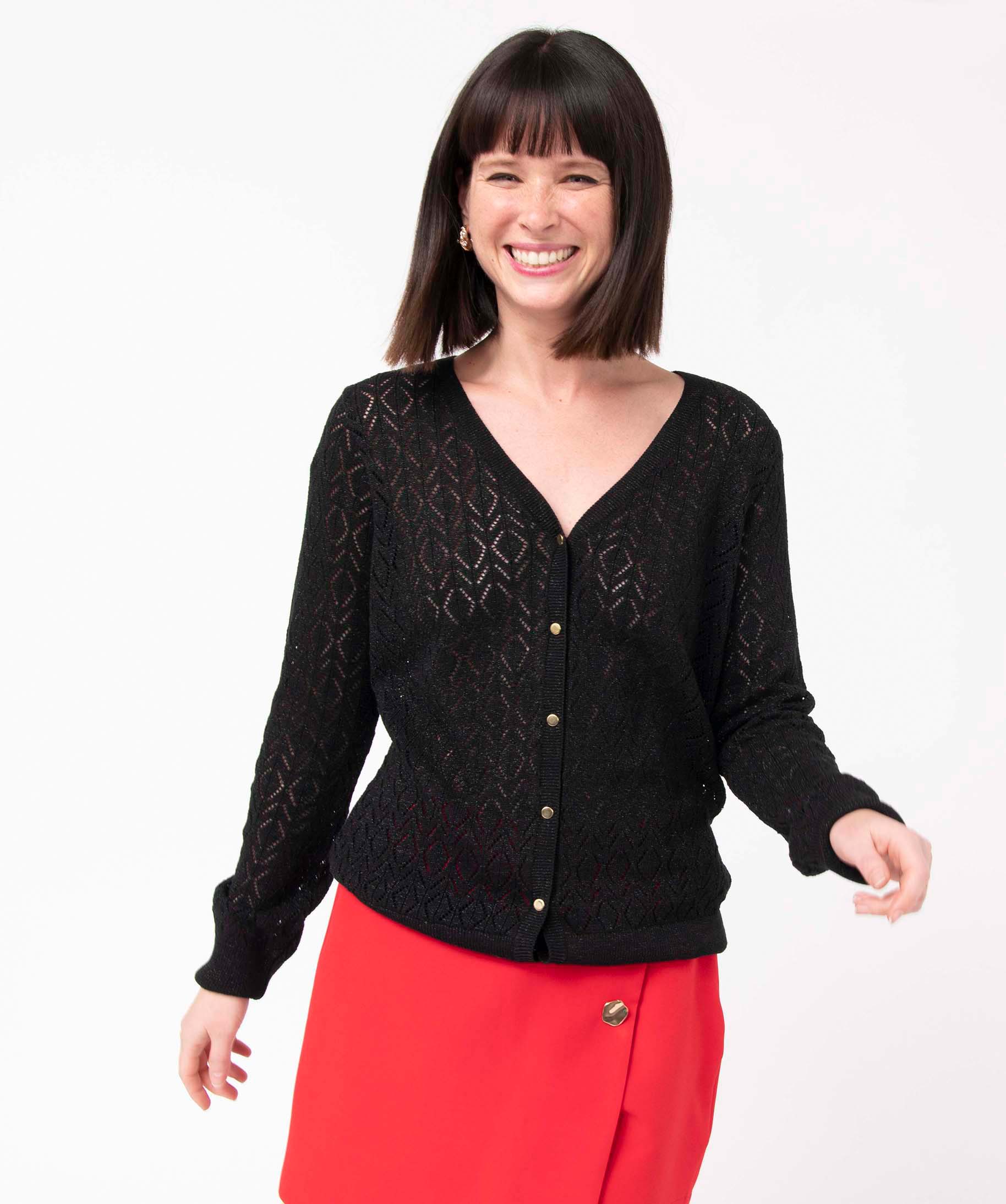 Gilet femme en maille ajourée incrustée de fil pailleté noir | GEMO
