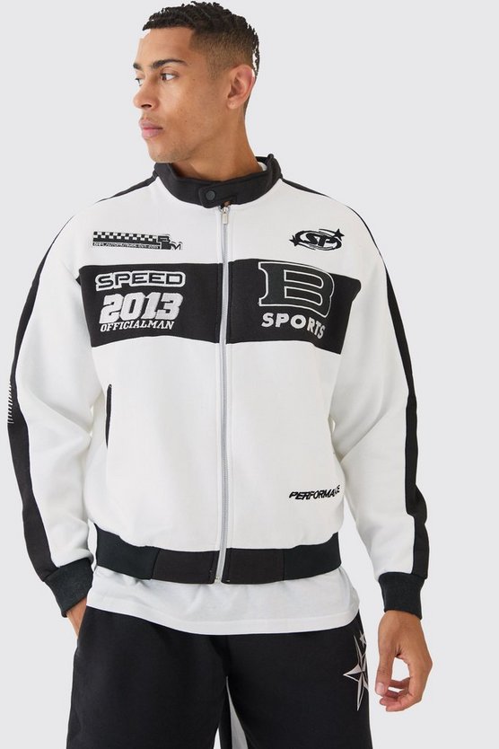 Oversized Boxy Moto Embroidered Jersey Jacket
